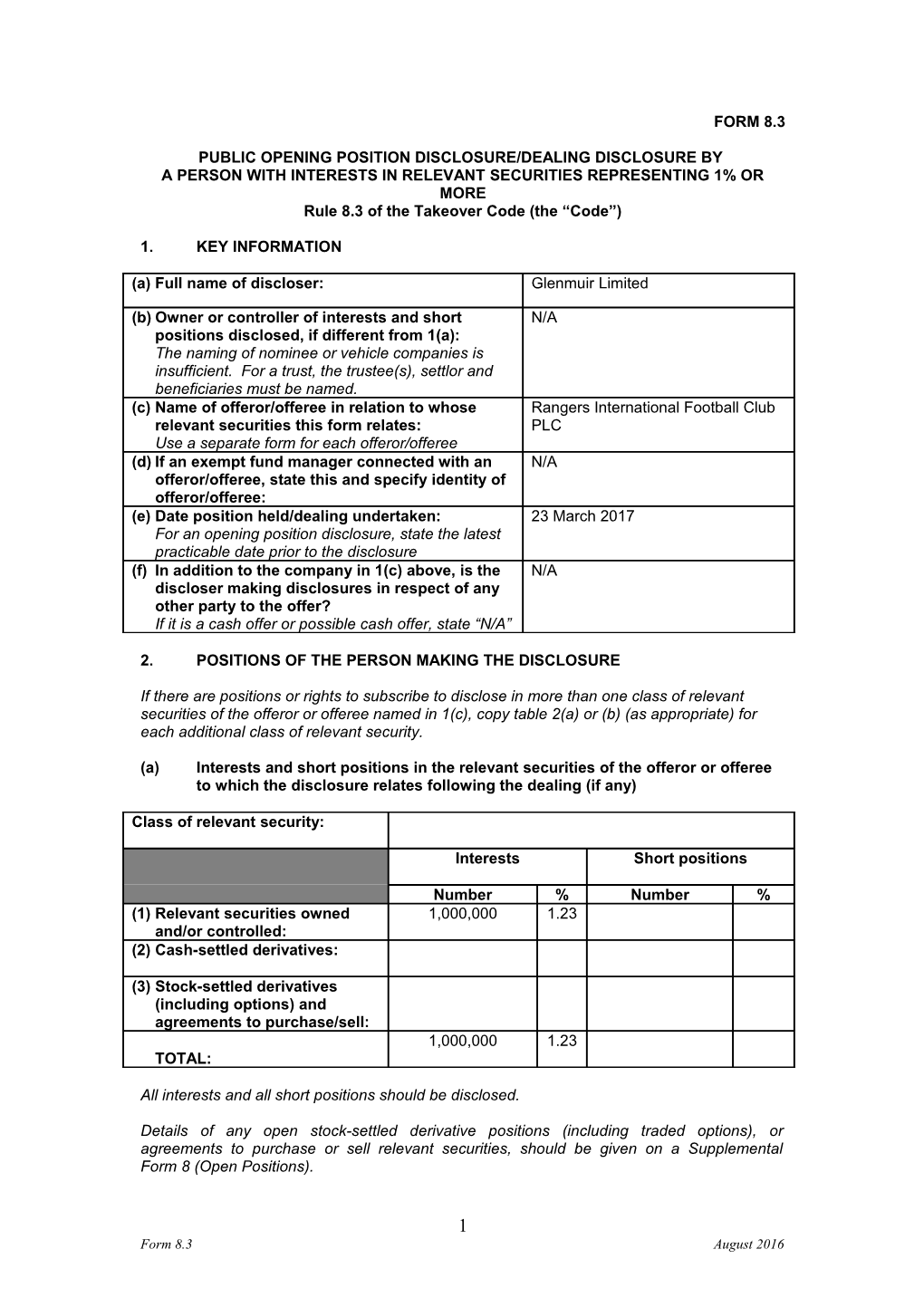 Public Opening Position Disclosure/Dealing Disclosure By