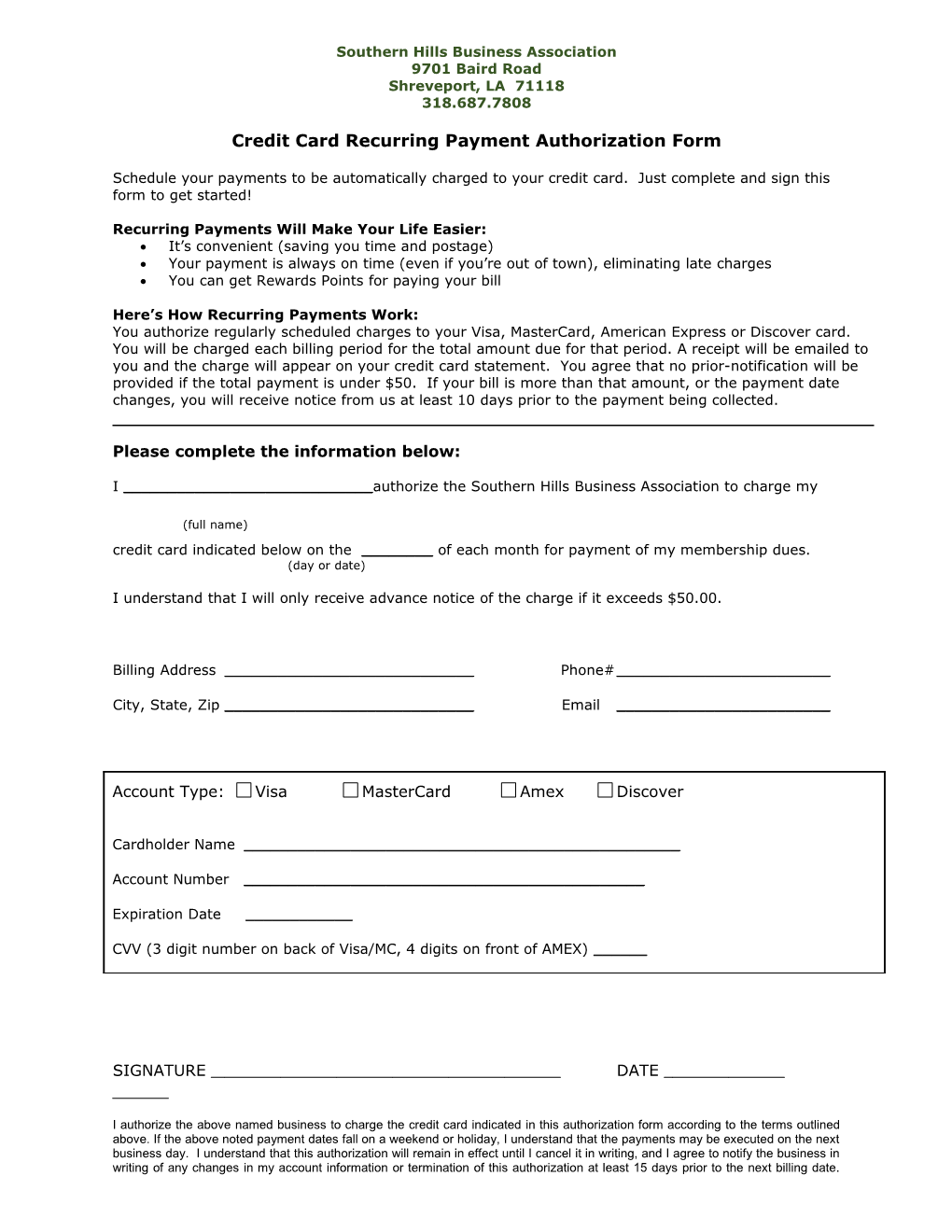 Credit Card Recurring Payment Authorization Form Variable Amount