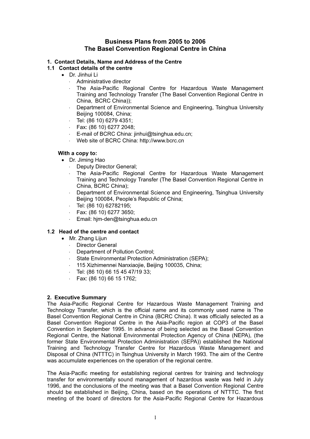 Business Plans from 2005 to 2006 of Basel Convention Regional Centre in China