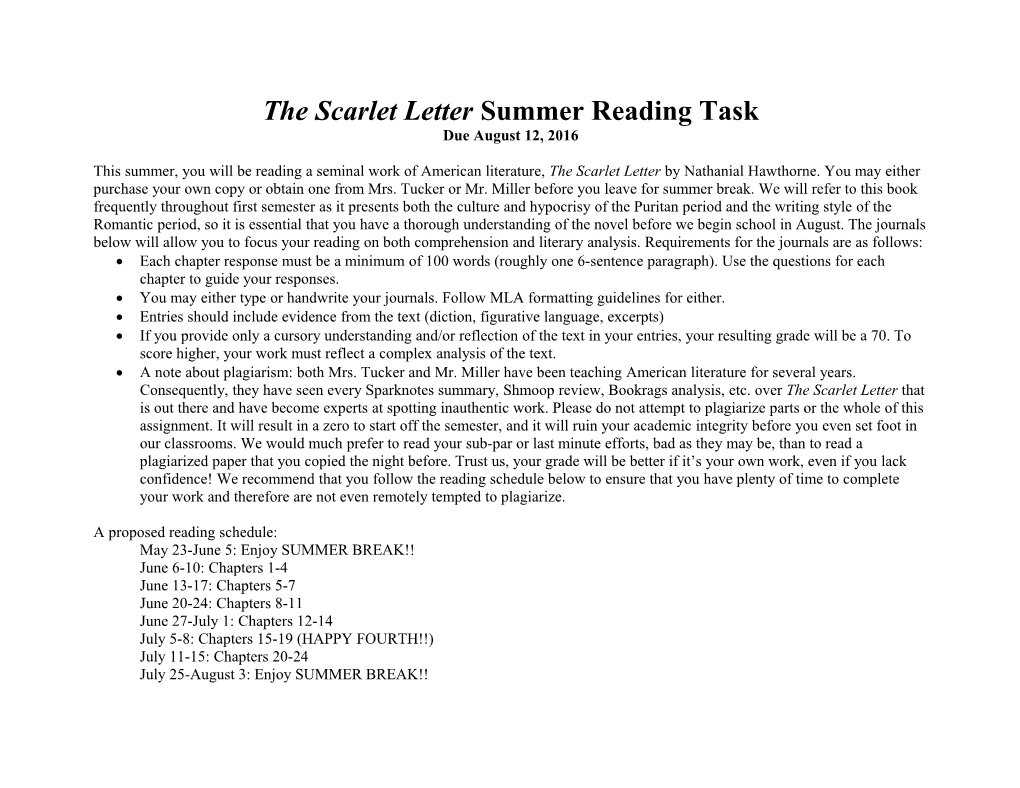 The Scarlet Letter Summer Reading Task