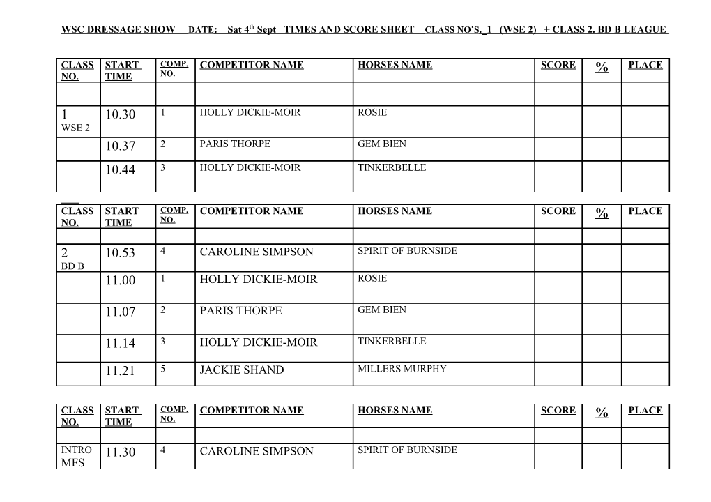 Wsc Dressage Show Date: Times and Score Sheet Class No S