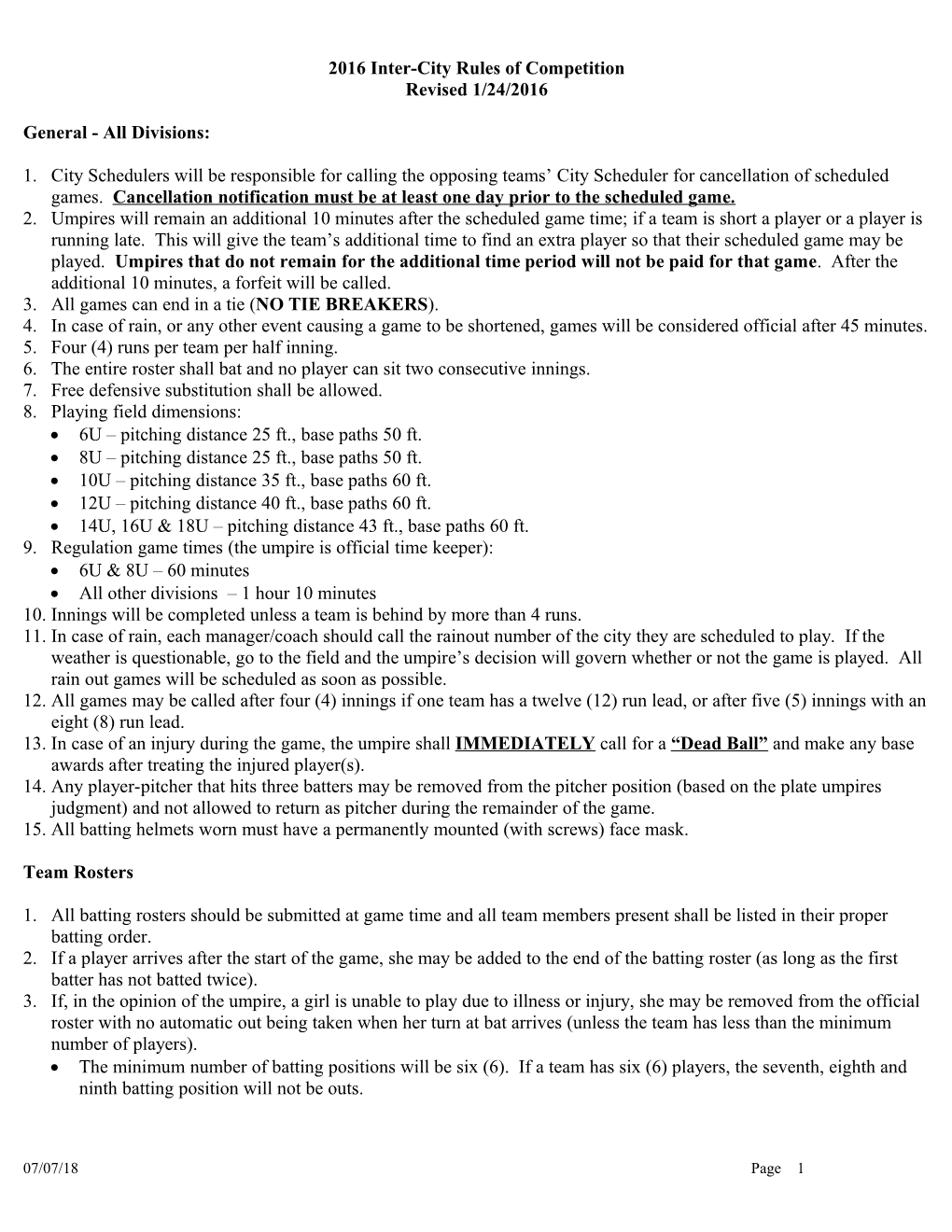 1999 Inter-City Rules of Competition
