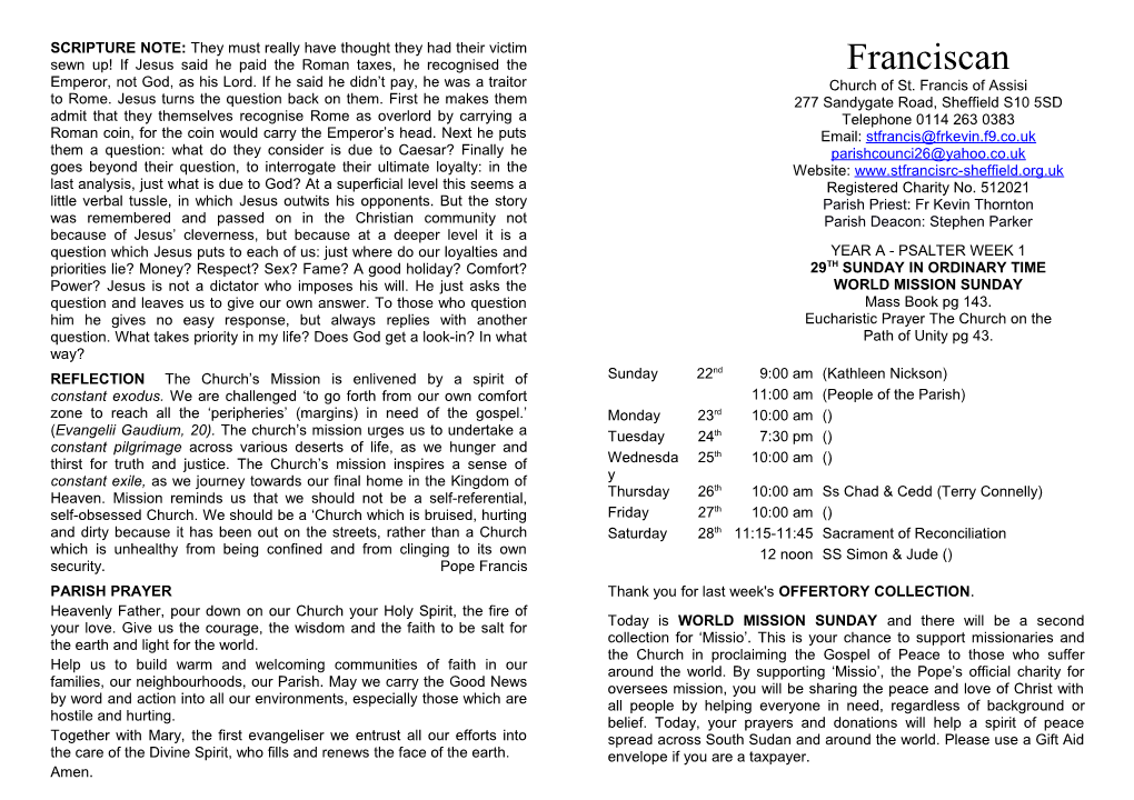Franciscan Newsletter: the 29Th Sunday in Ordinary Time