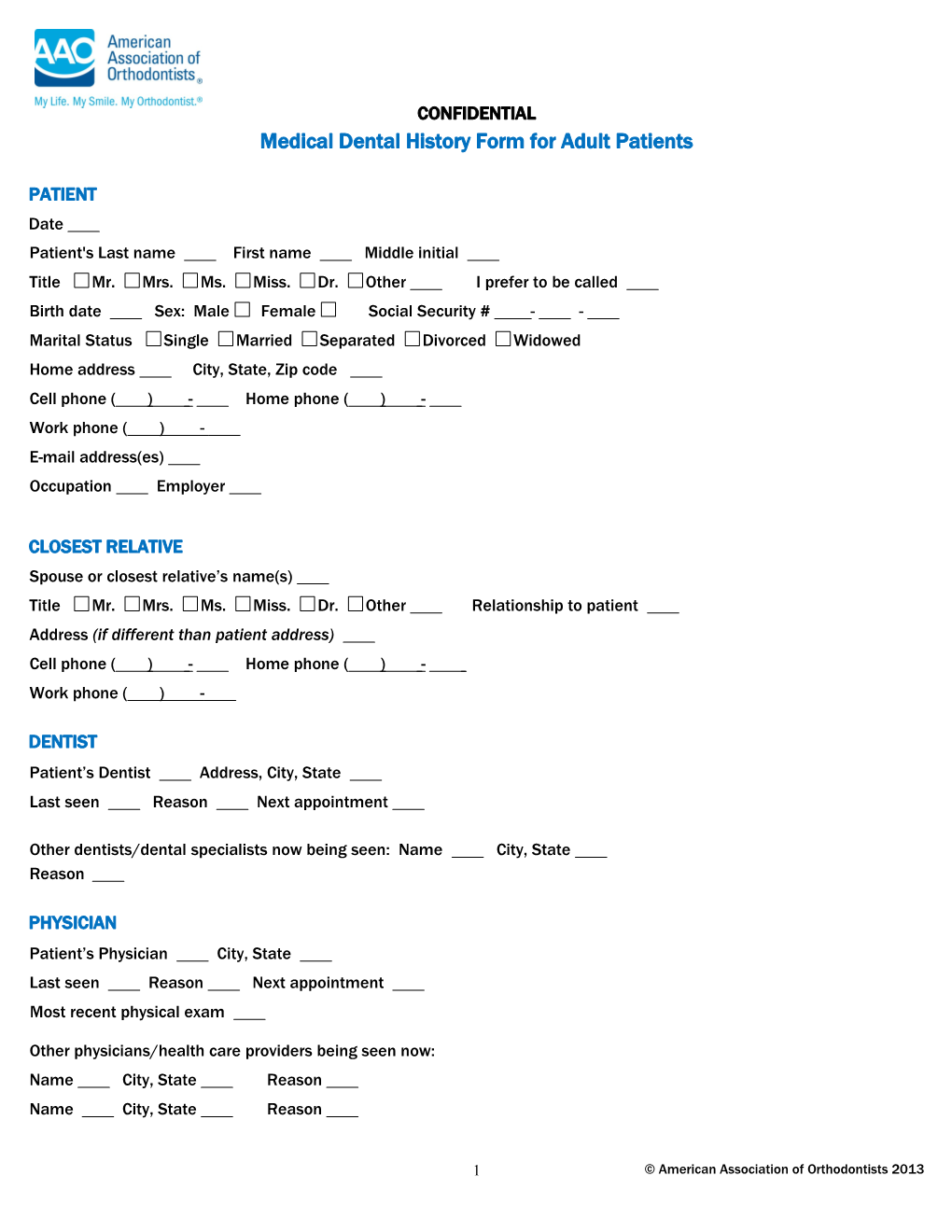 Medical Dental History Formfor Adult Patients