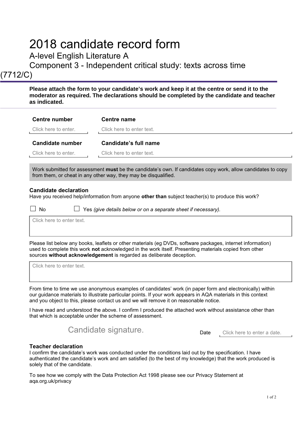 Component 3 - Independent Critical Study: Texts Across Time (7712/C)