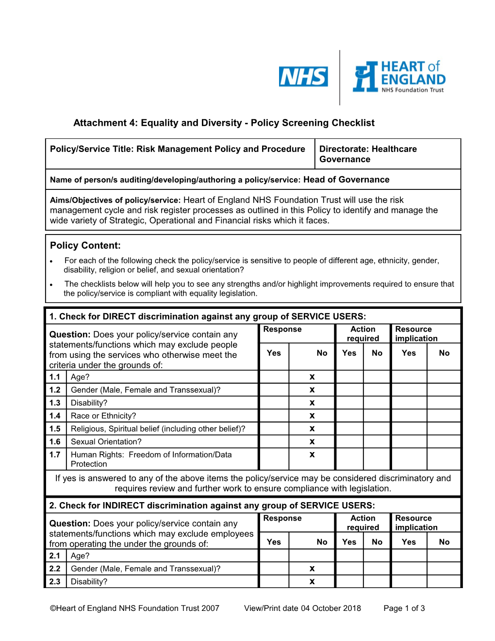 Attachment 4: Equality and Diversity - Policy Screening Checklist