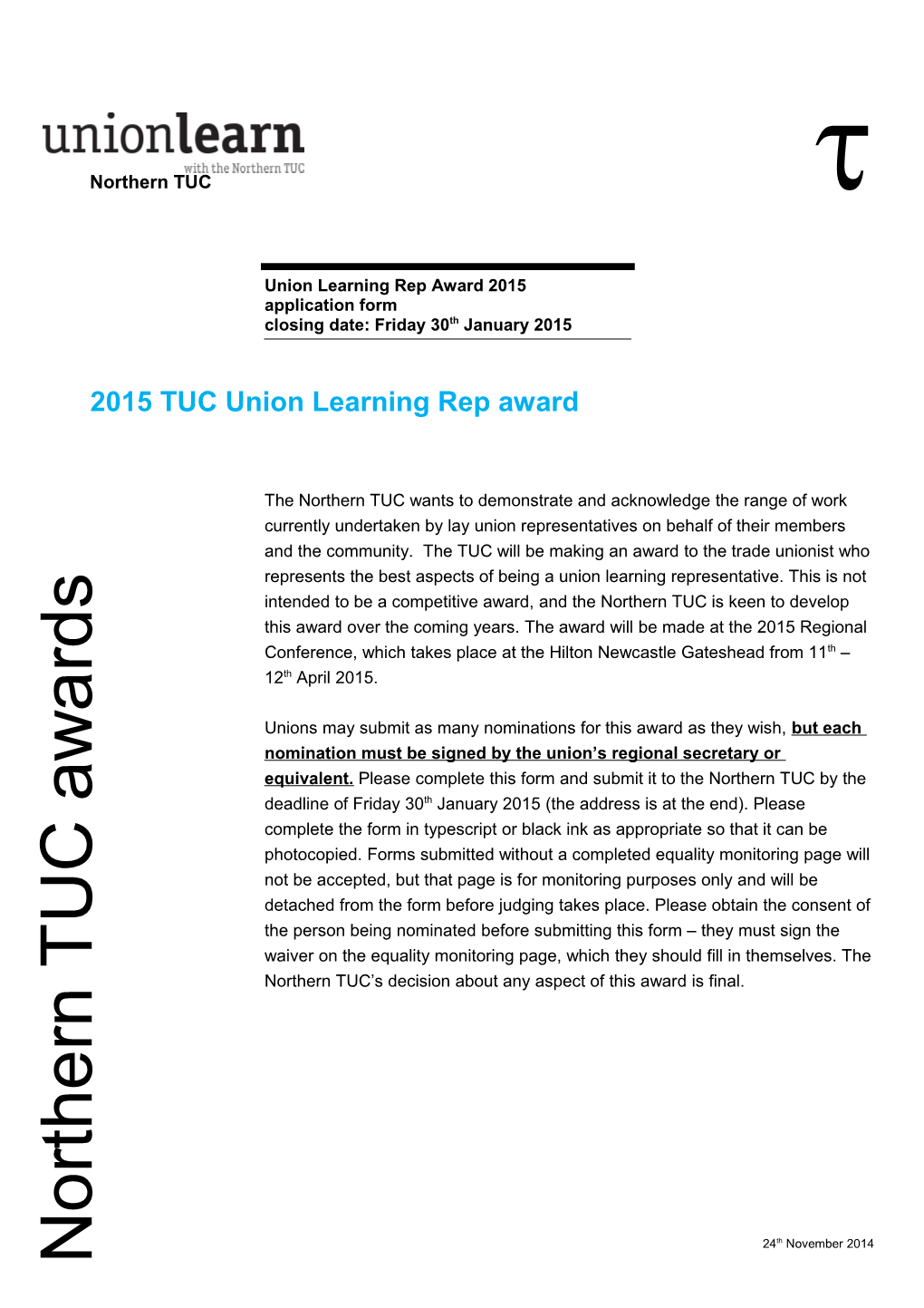 2015TUC Union Learning Rep Award Application Form