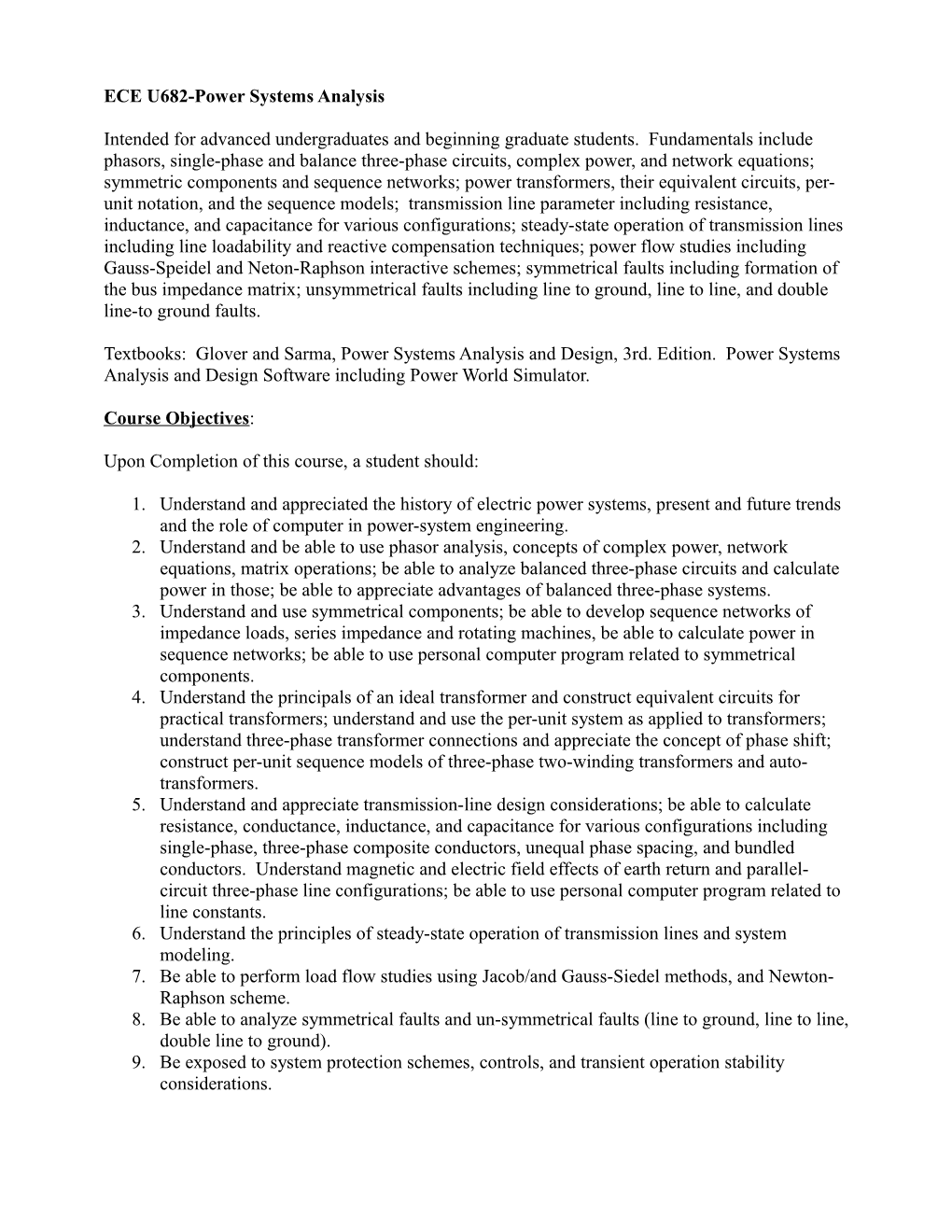 ECE U682-Power Systems Analysis