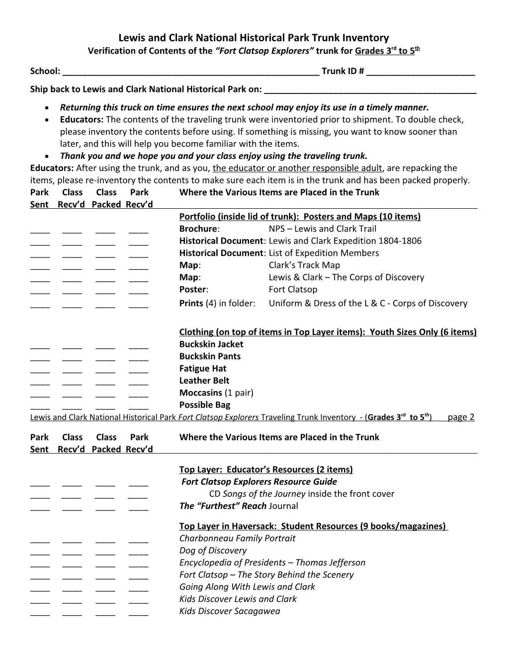 Lewis and Clark National Historical Park Trunk Inventory