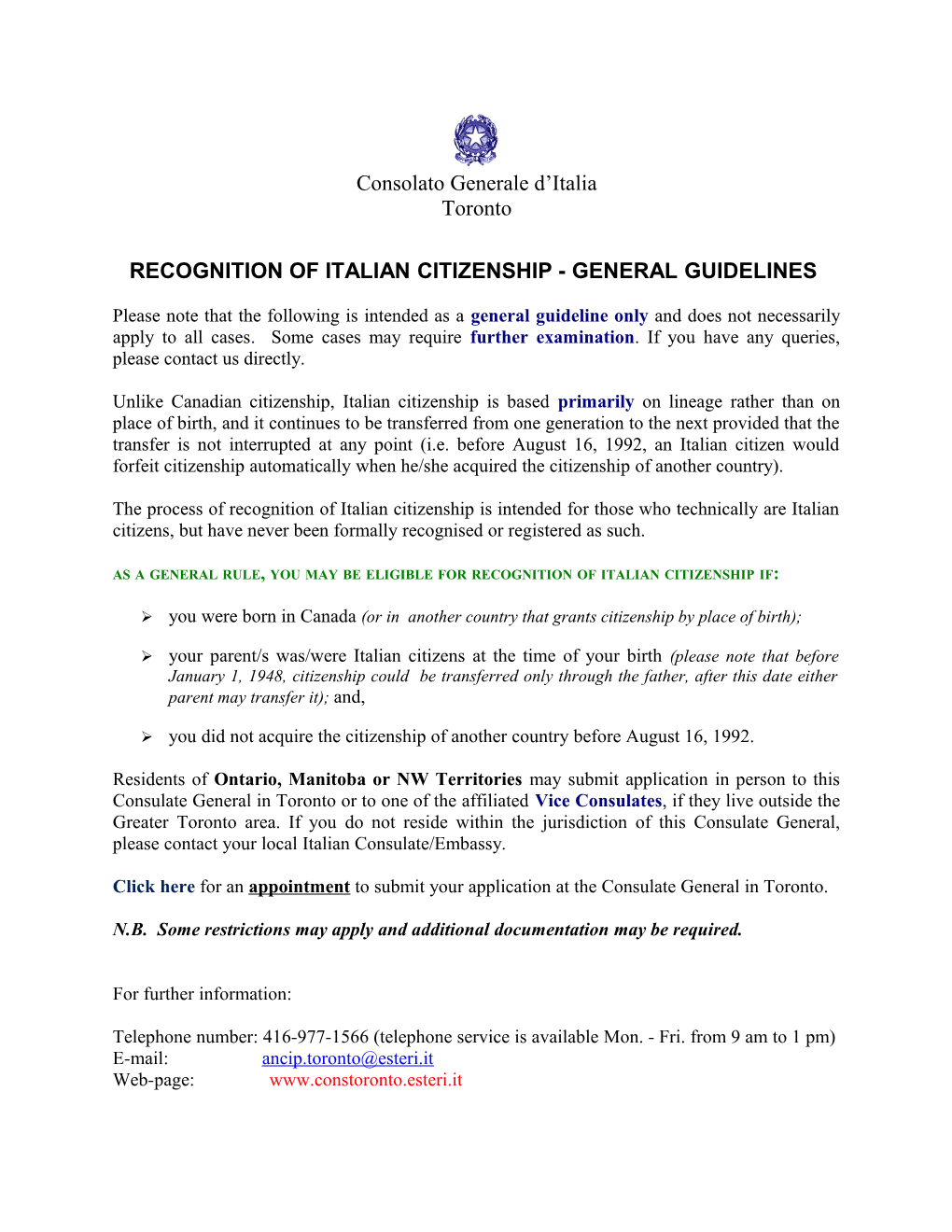 Recognition of Italian Citizenship- General Guidelines