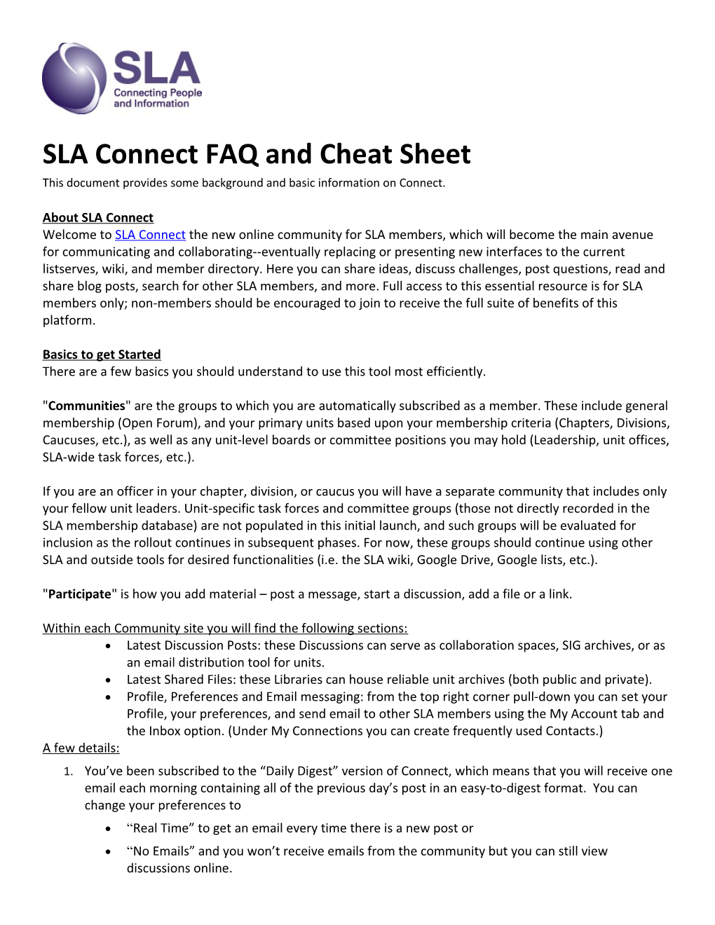 SLA Connect FAQ and Cheat Sheet