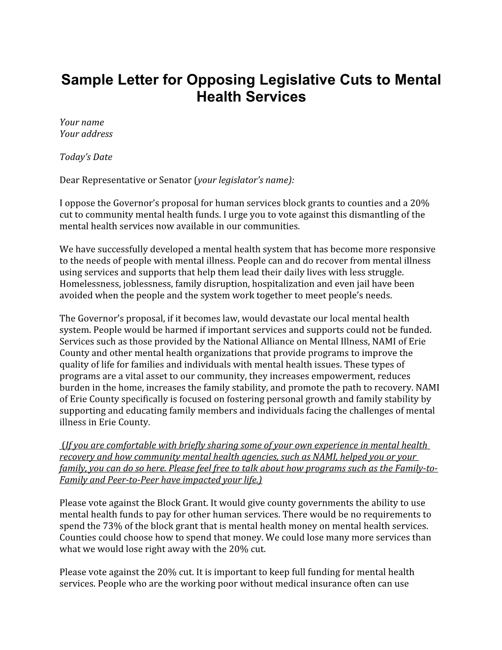 Sample Letter for Opposing Legislative Cuts to Mental Health Services