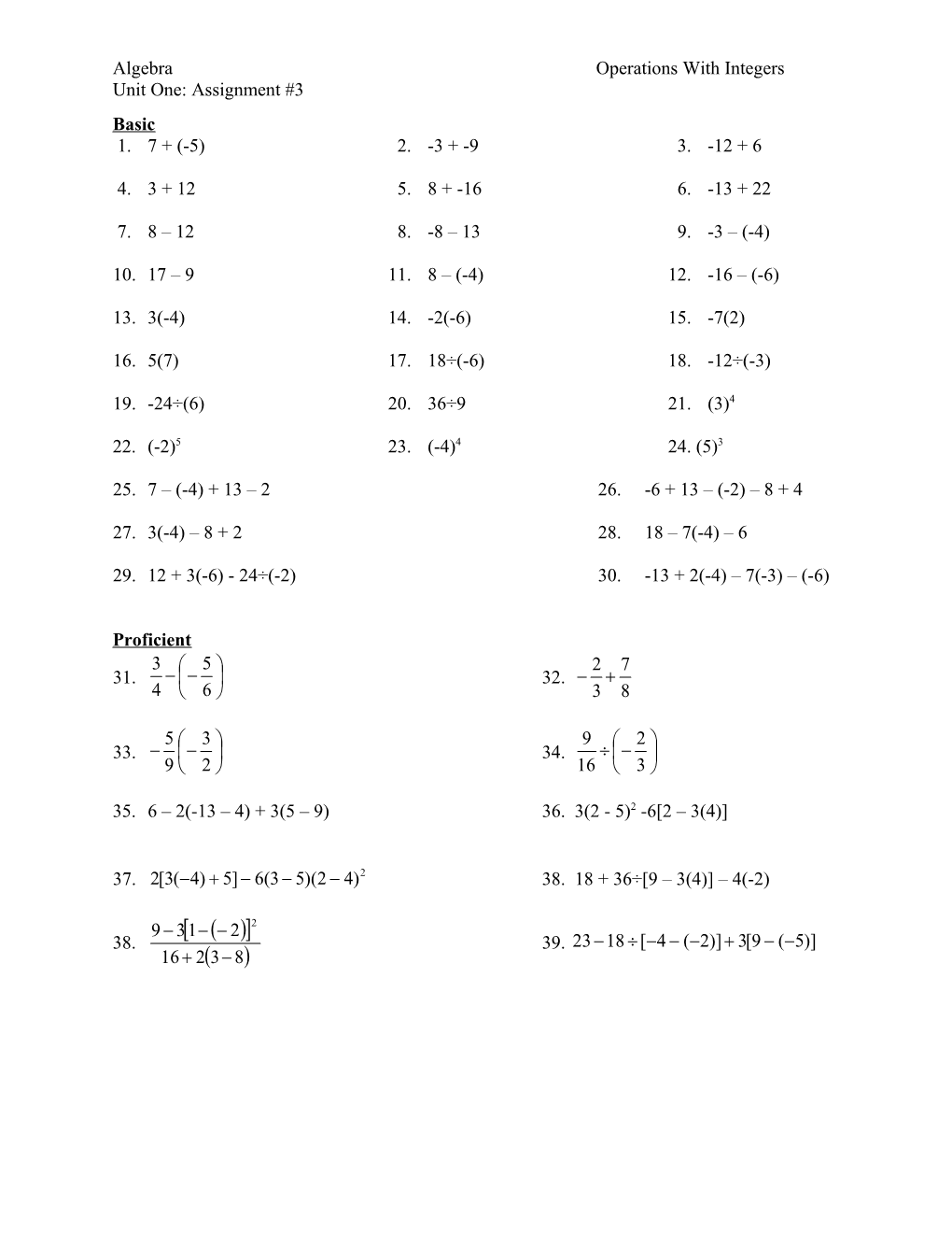 Algebraoperations with Integers