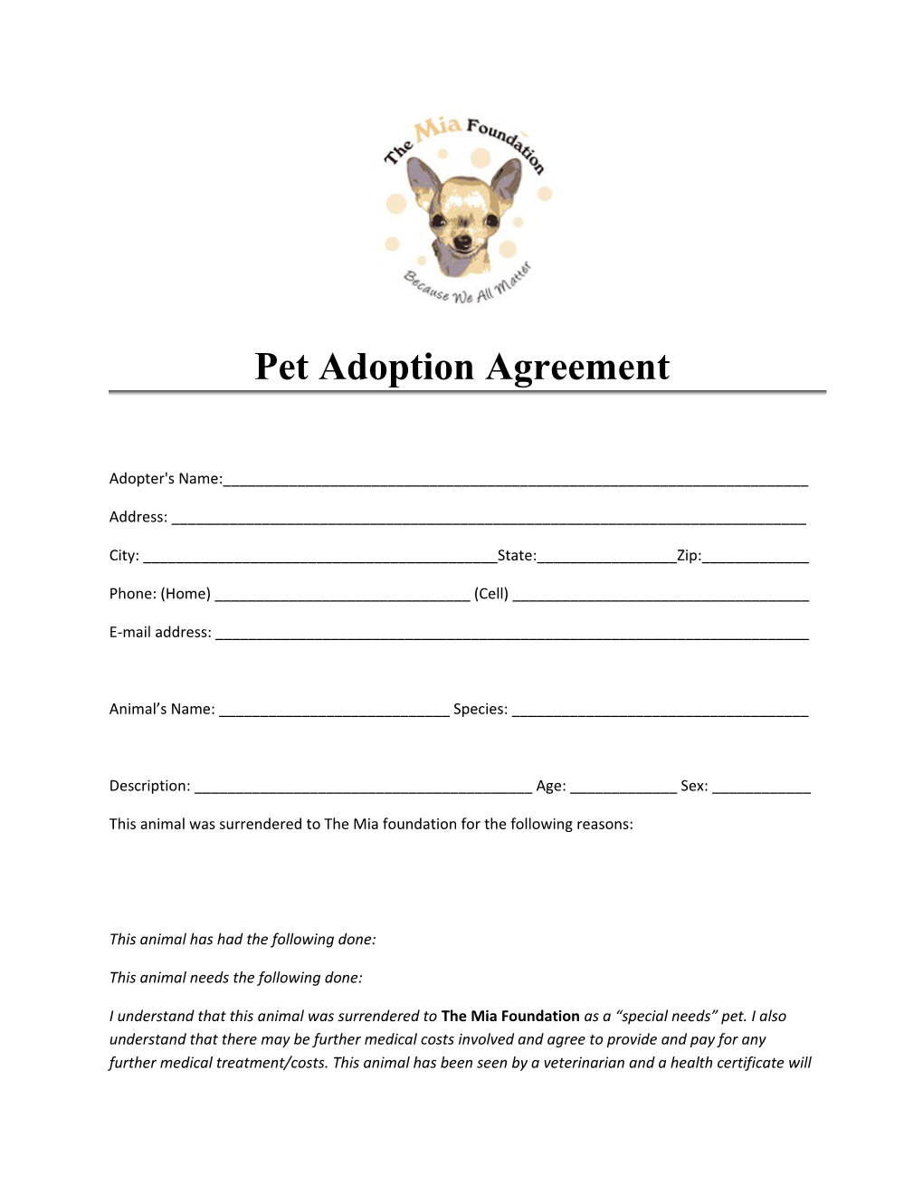 Pet Adoption Agreement