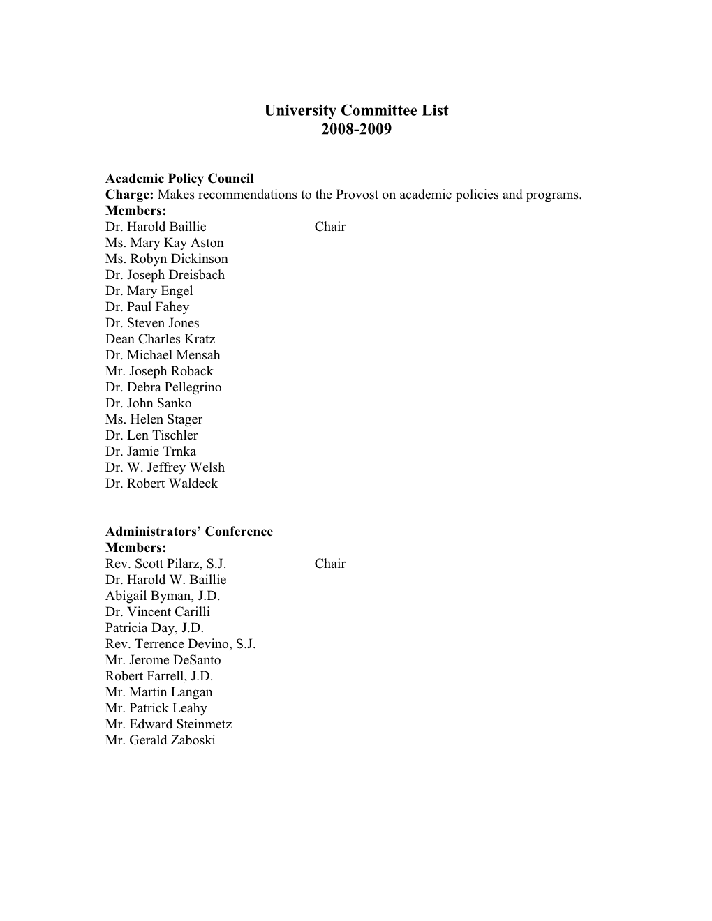 University Committee List