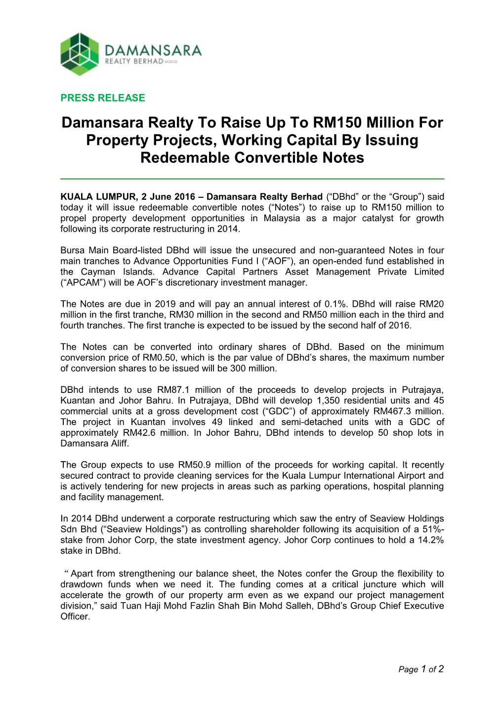 Damansara Realty to Raise up to RM150 Million for Property Projects, Working Capital By
