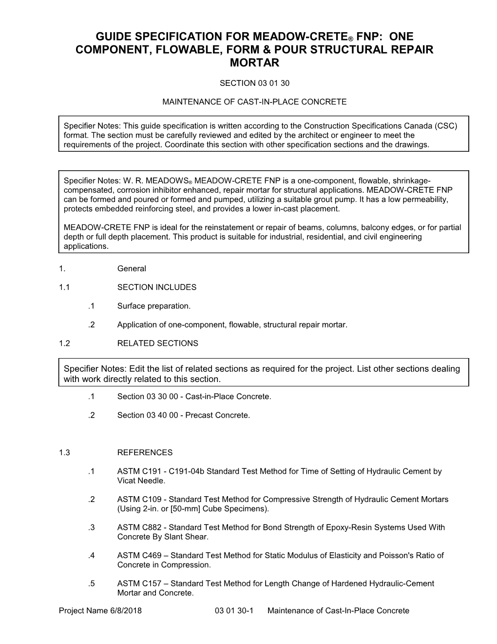 Guide Specification for Meadow-Crete Fnp: One Component, Flowable, Form & Pour Structural