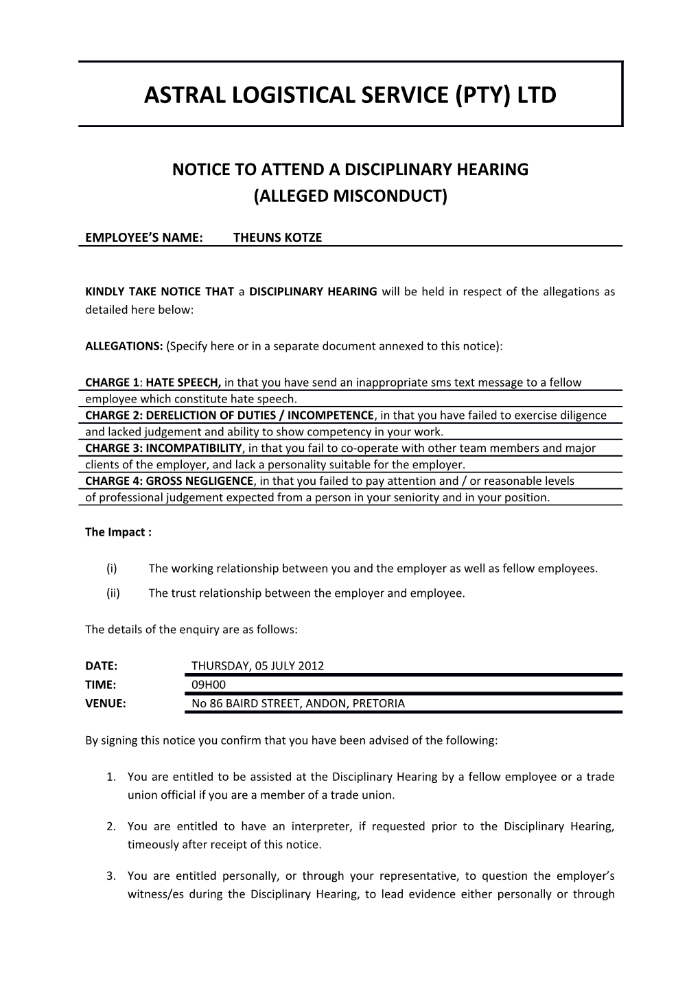 Notice to Attend a Disciplinary Hearing