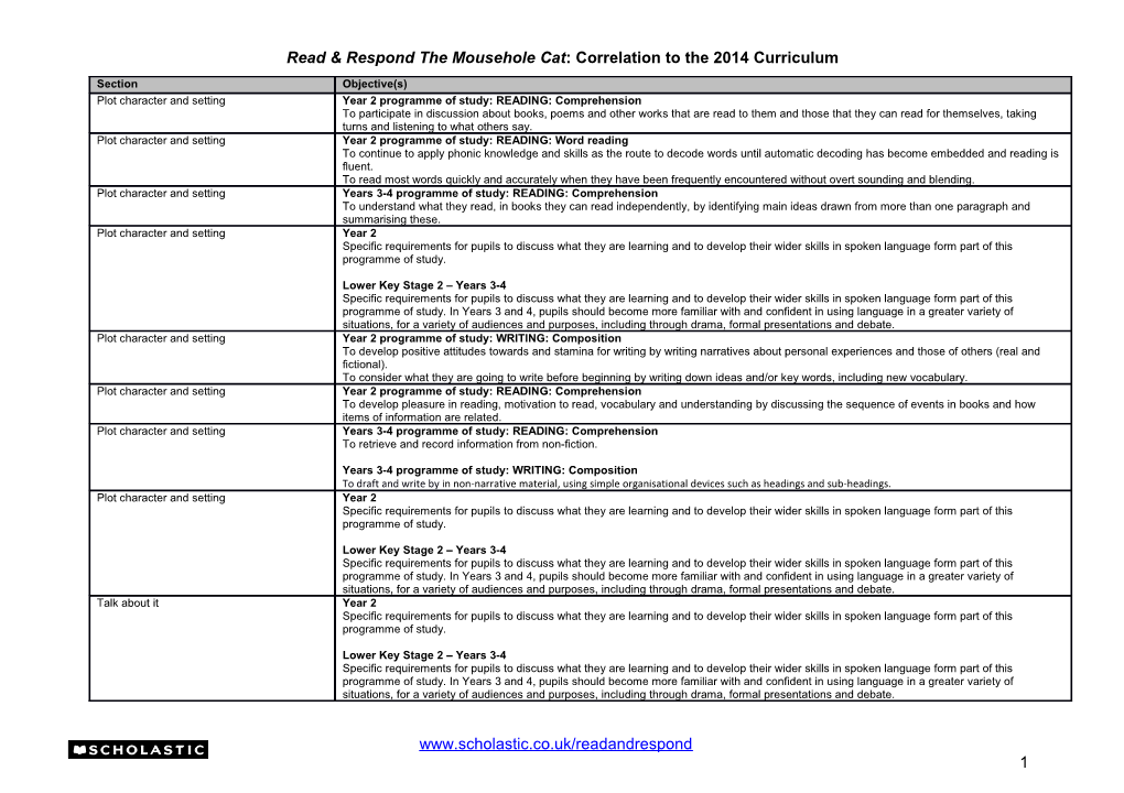 Read & Respond the Mousehole Cat: Correlation to the 2014 Curriculum