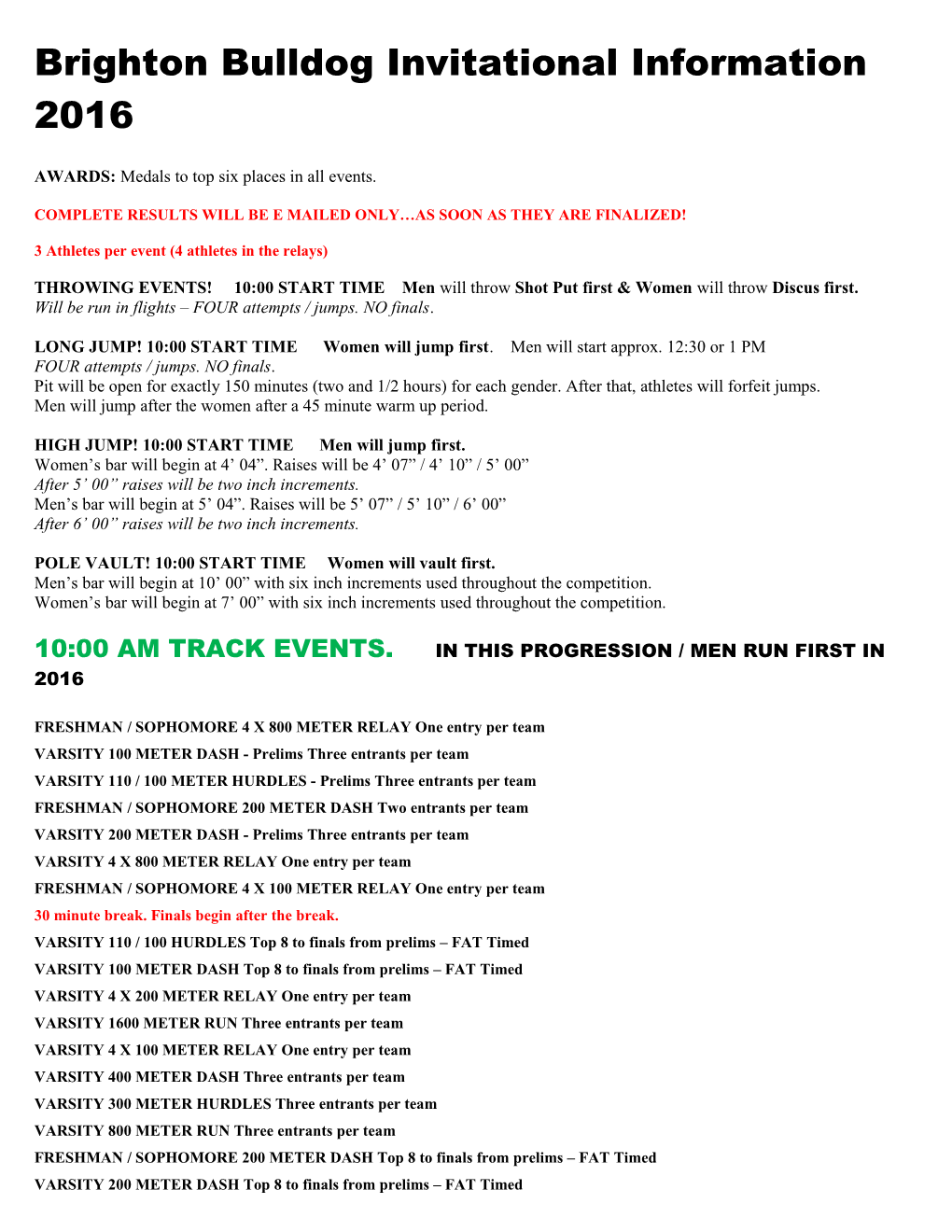 Brighton Bulldog Invitational Information 2016