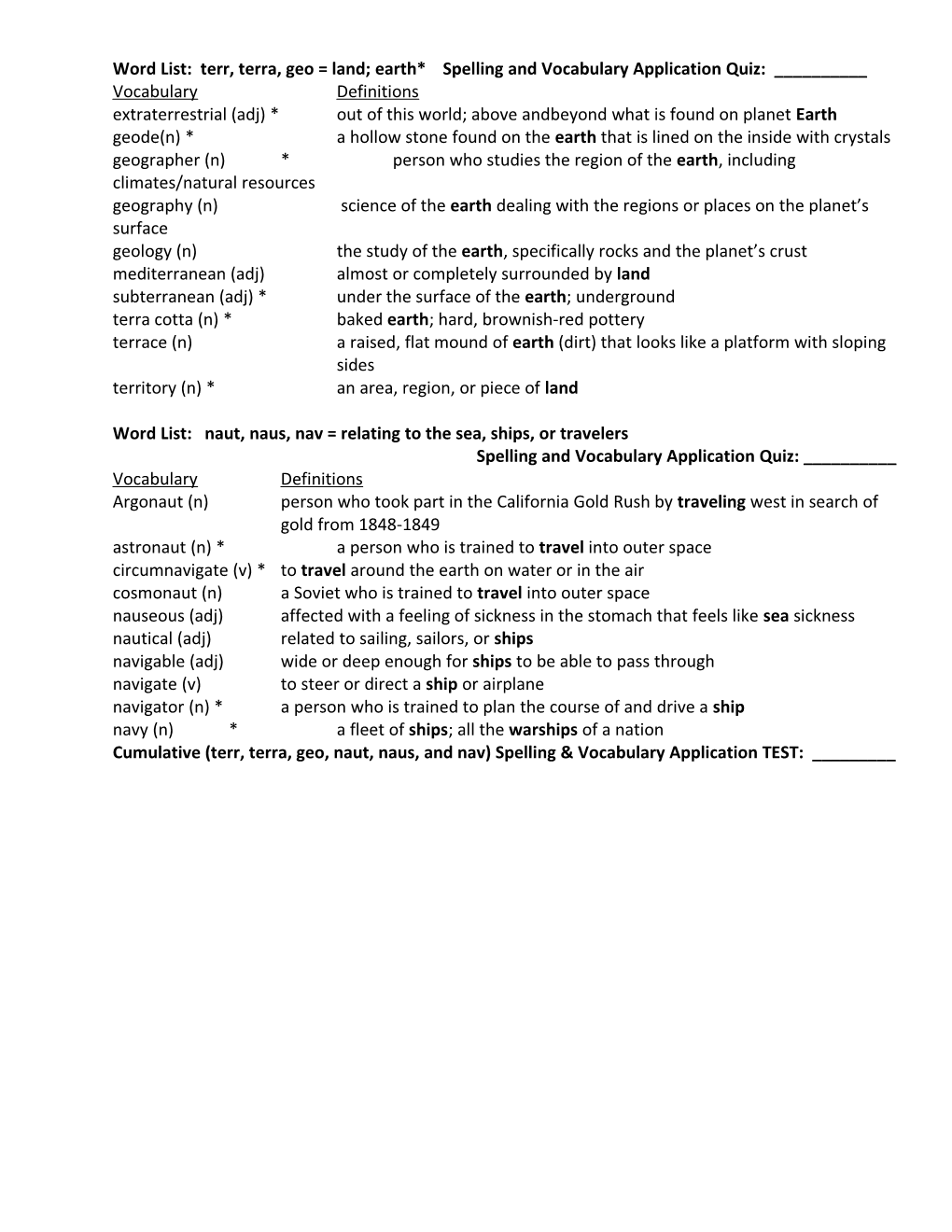 Word List: Terr, Terra, Geo = Land; Earth* Spelling and Vocabulary Application Quiz: ______