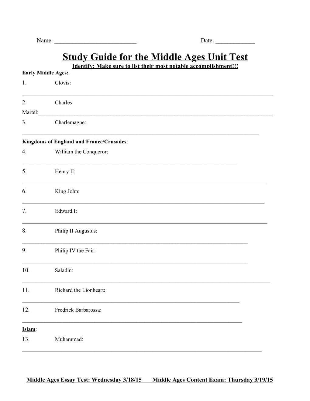 Study Guide for the Middle Ages Unit Test