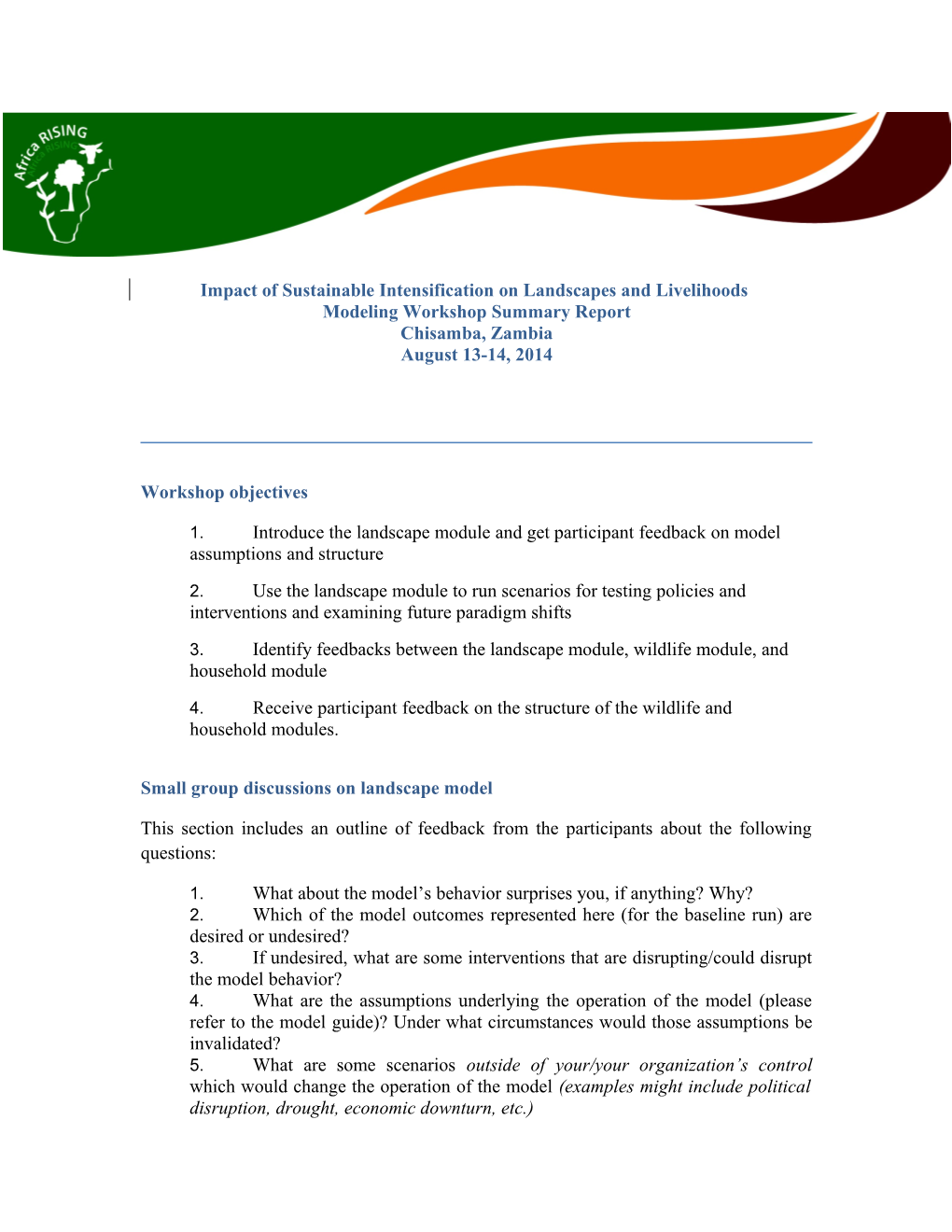 Modeling Workshop Summary Report