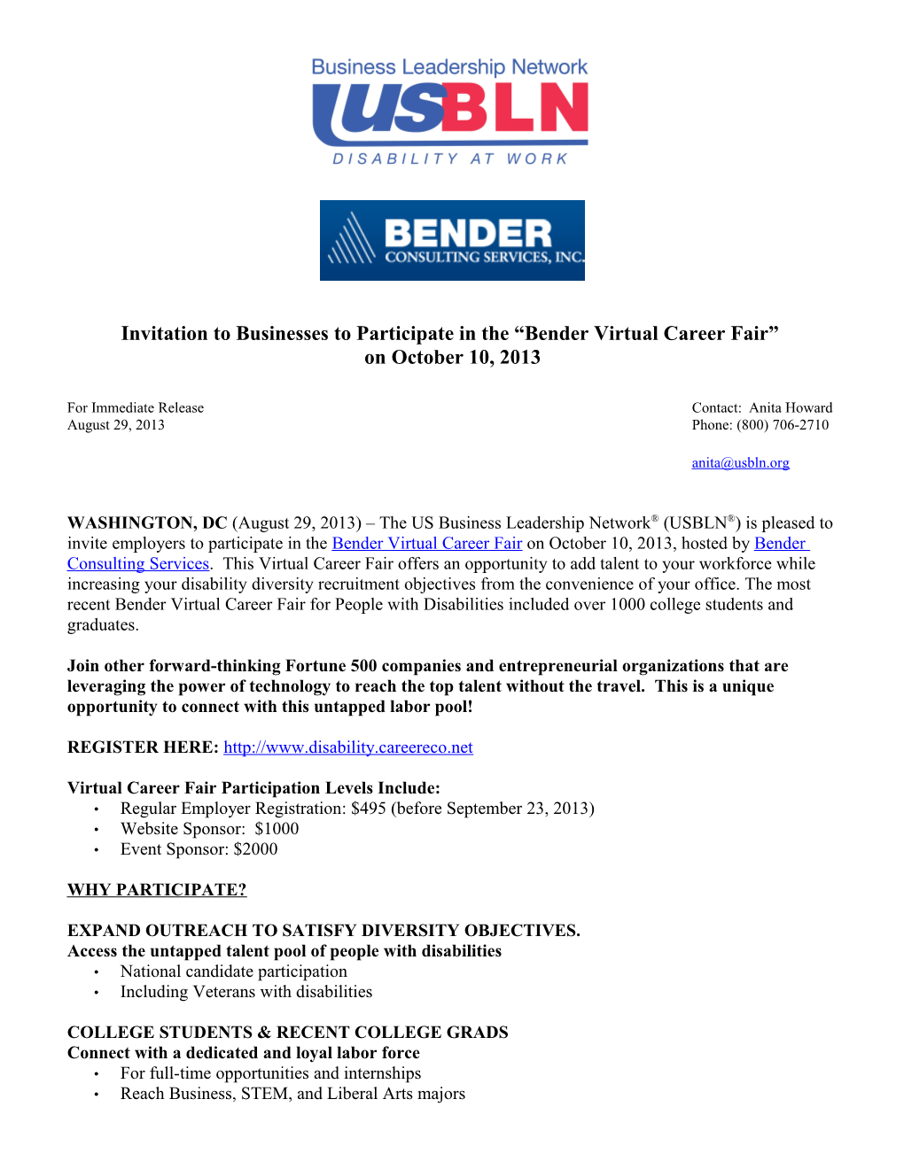 Invitation to Businesses to Participate in the Bender Virtual Career Fair