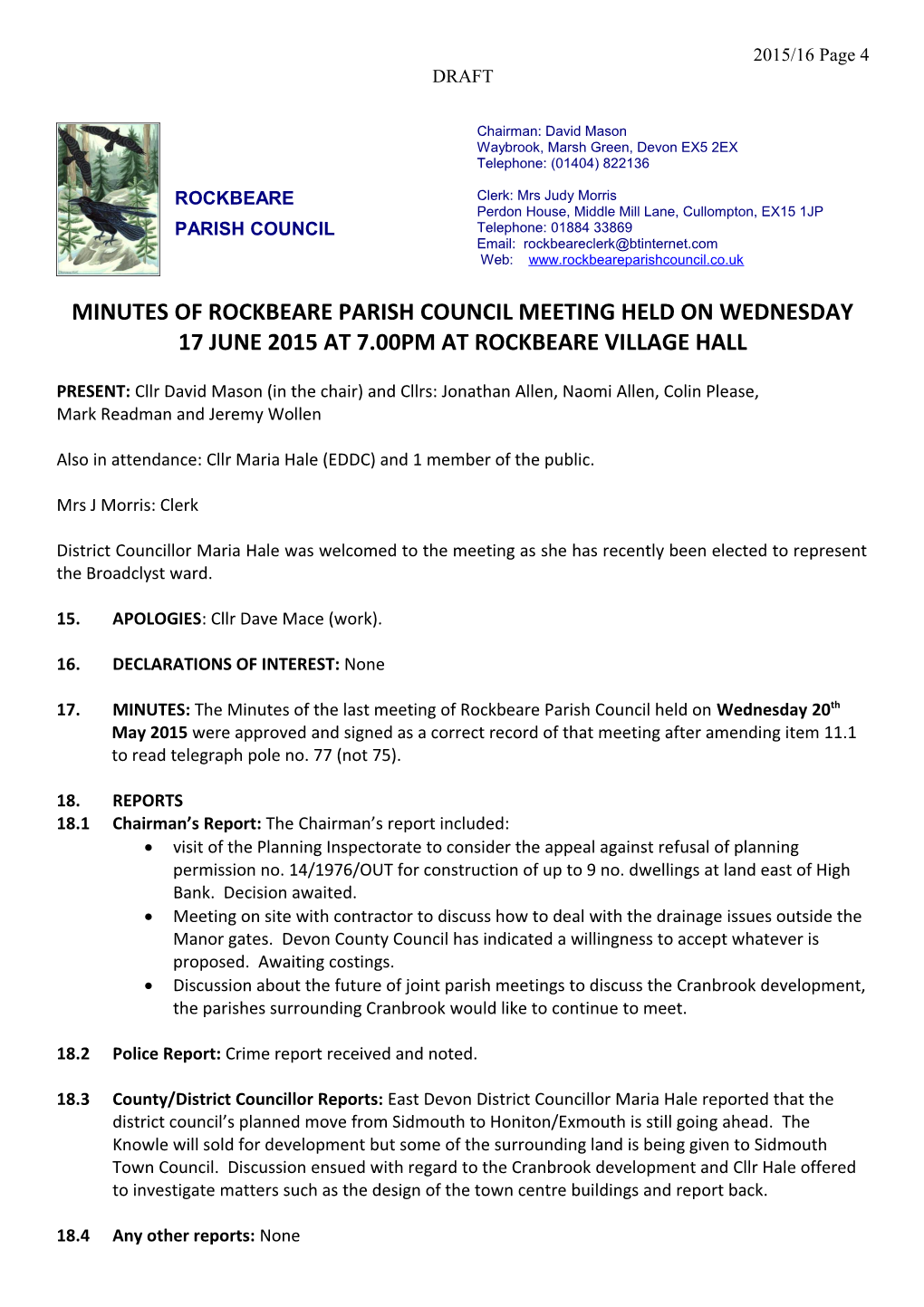 MINUTES of ROCKBEARE PARISH COUNCIL MEETING HELD on WEDNESDAY 17 June 2015 at 7.00PM AT