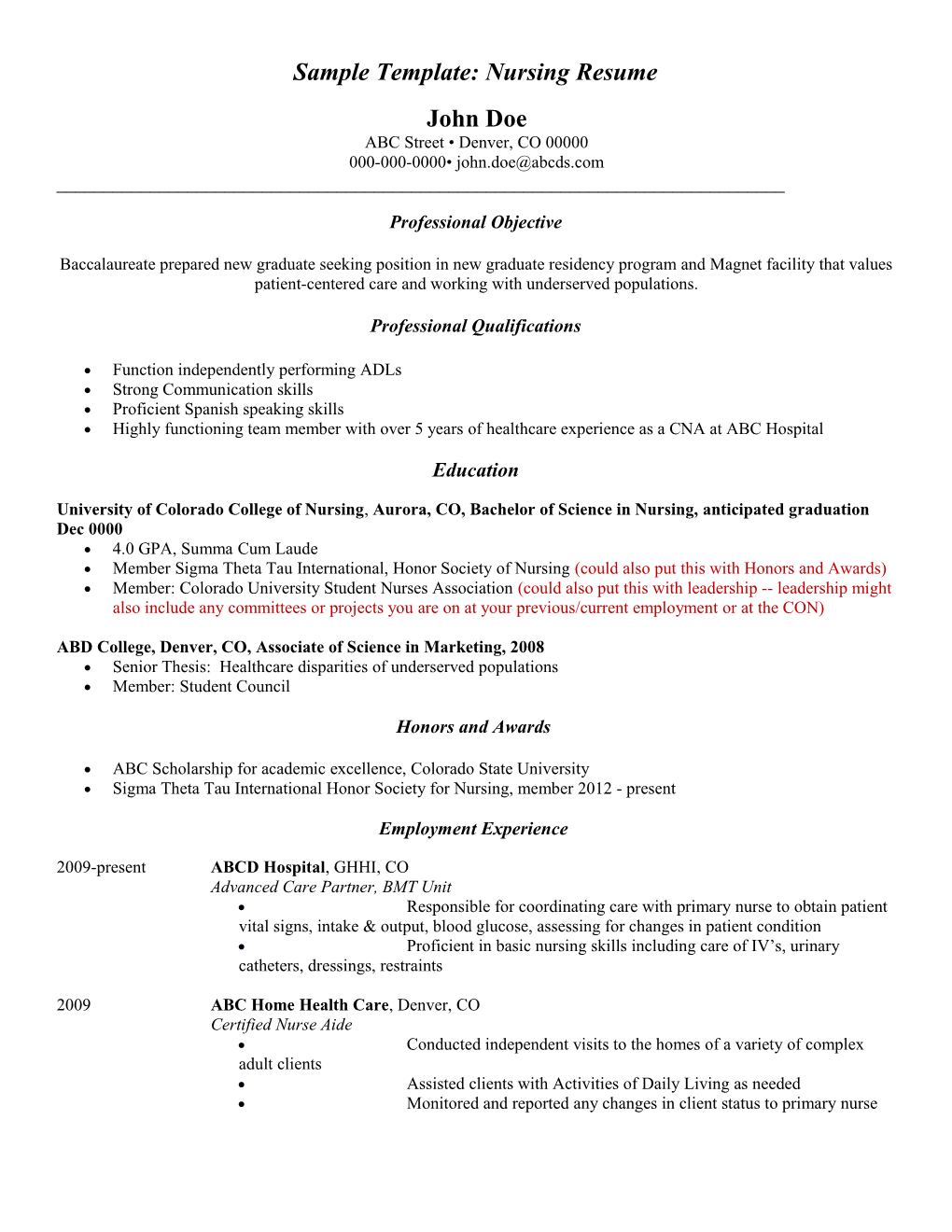 Sample Template: Nursing Resume