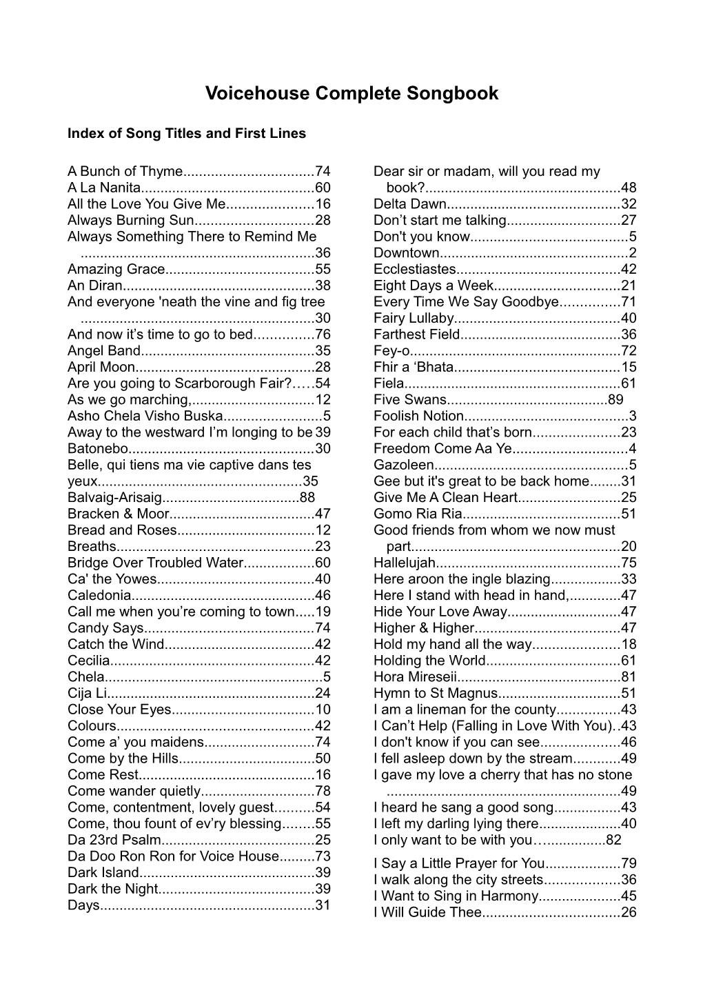 Index of Song Titles and First Lines