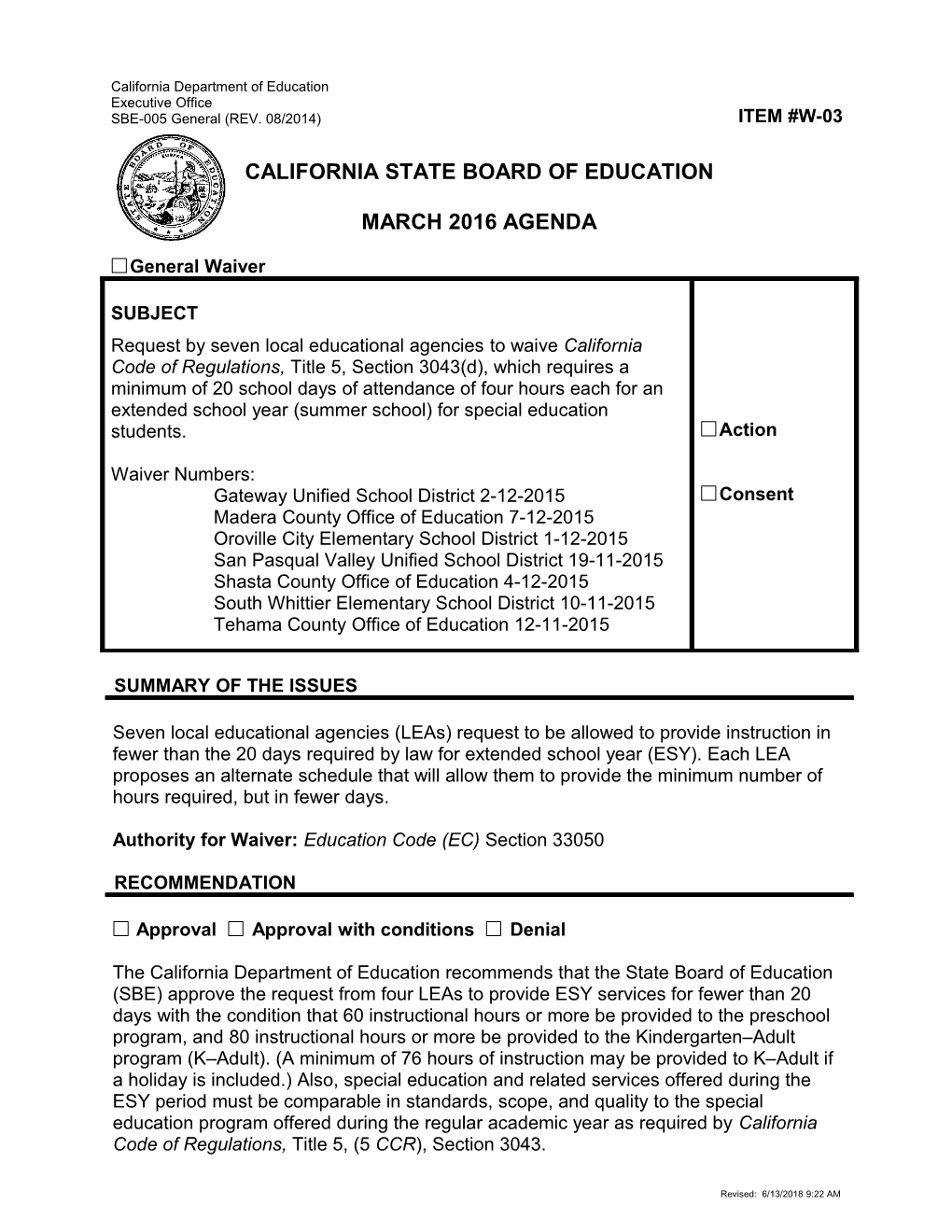 March 2016 Waiver Item W-03 - Meeting Agendas (CA State Board of Education)