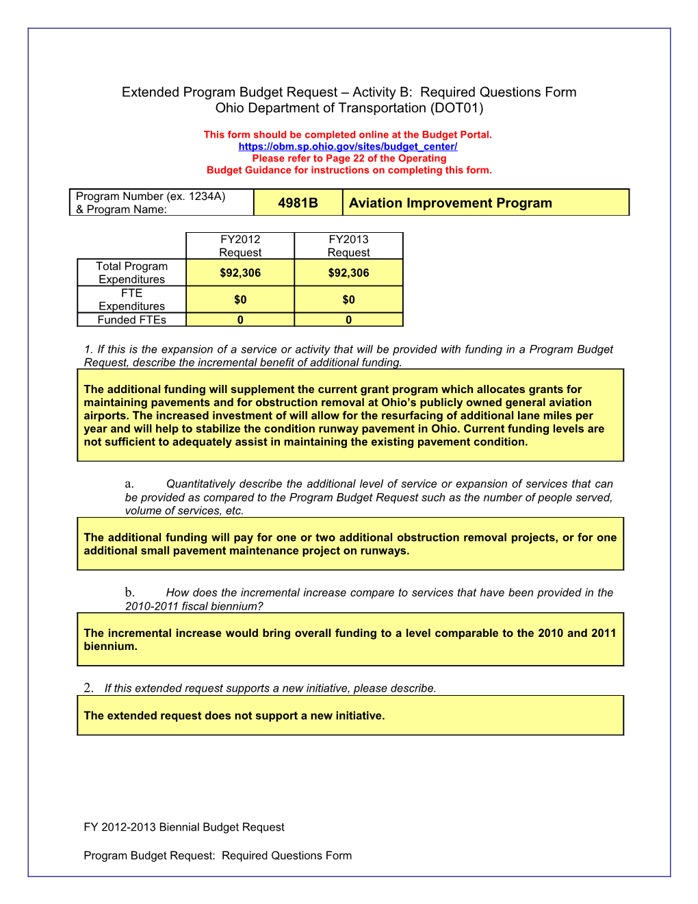 Extended Program Budget Request Activity B: Required Questions Form