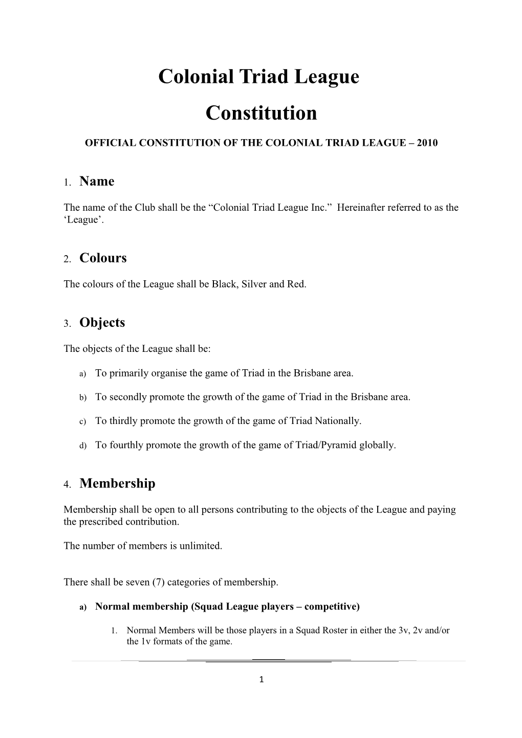 Colonial Triad League Brisbane Division Constitution