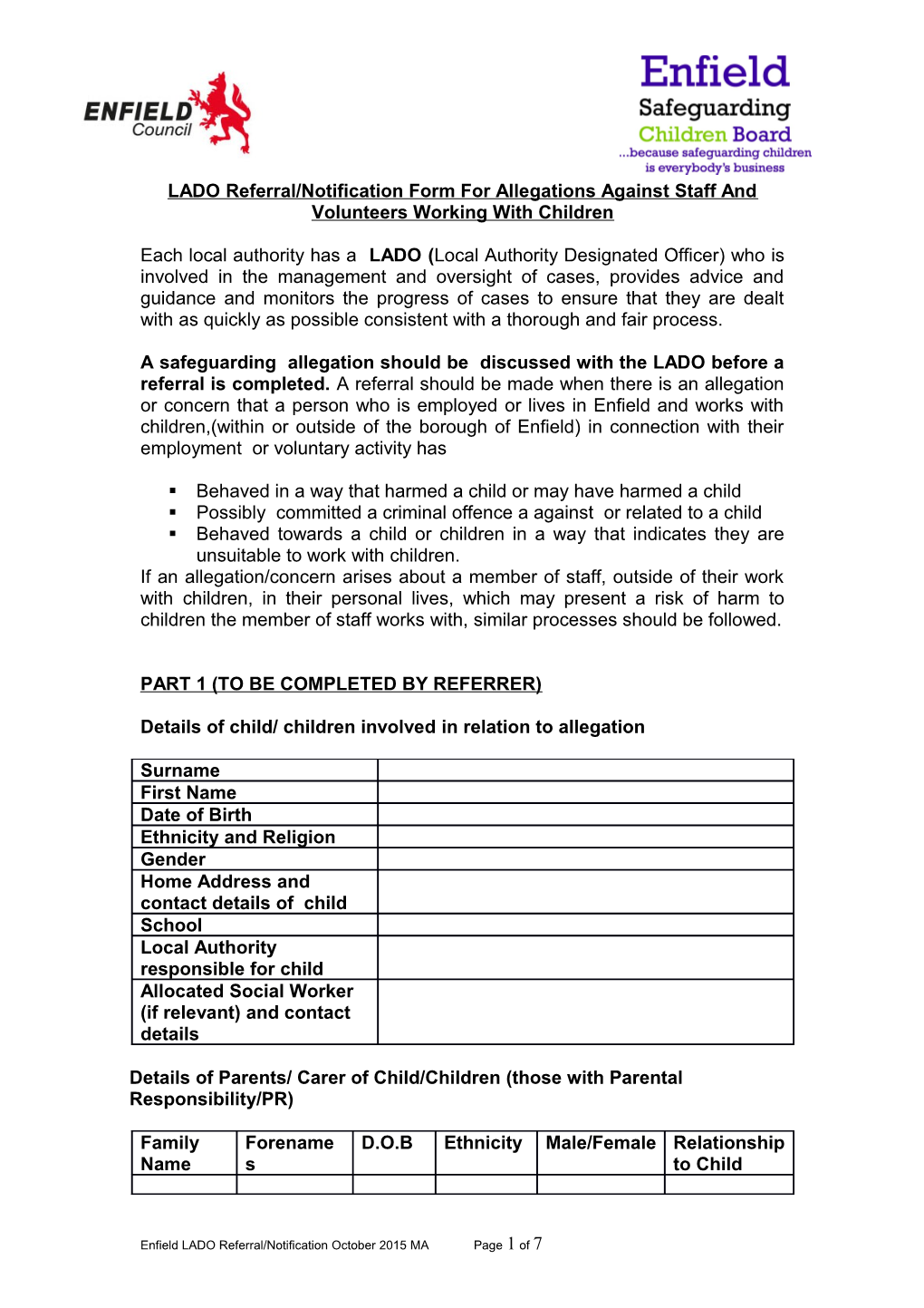 LADO Referral/Notification Form for Allegations Against Staff and Volunteers Working With