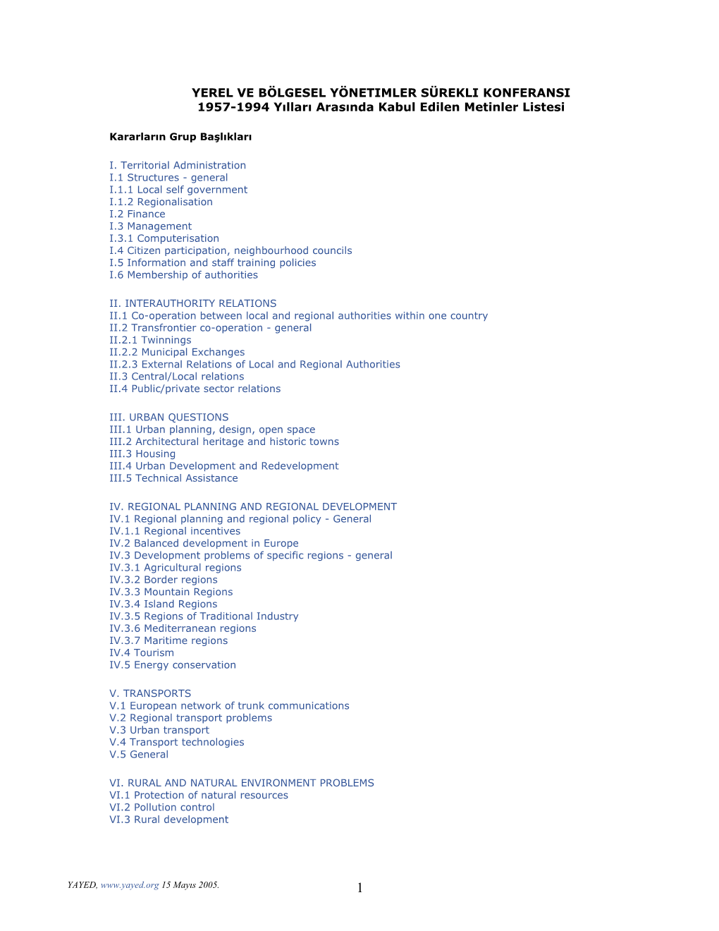 Thematic List of Texts Adopted by the Standing Conference of Local and Regional Authorities