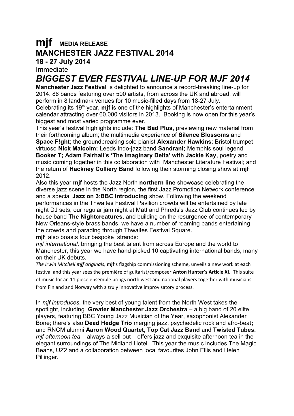 Biggest Ever Festival Line-Up for Mjf 2014