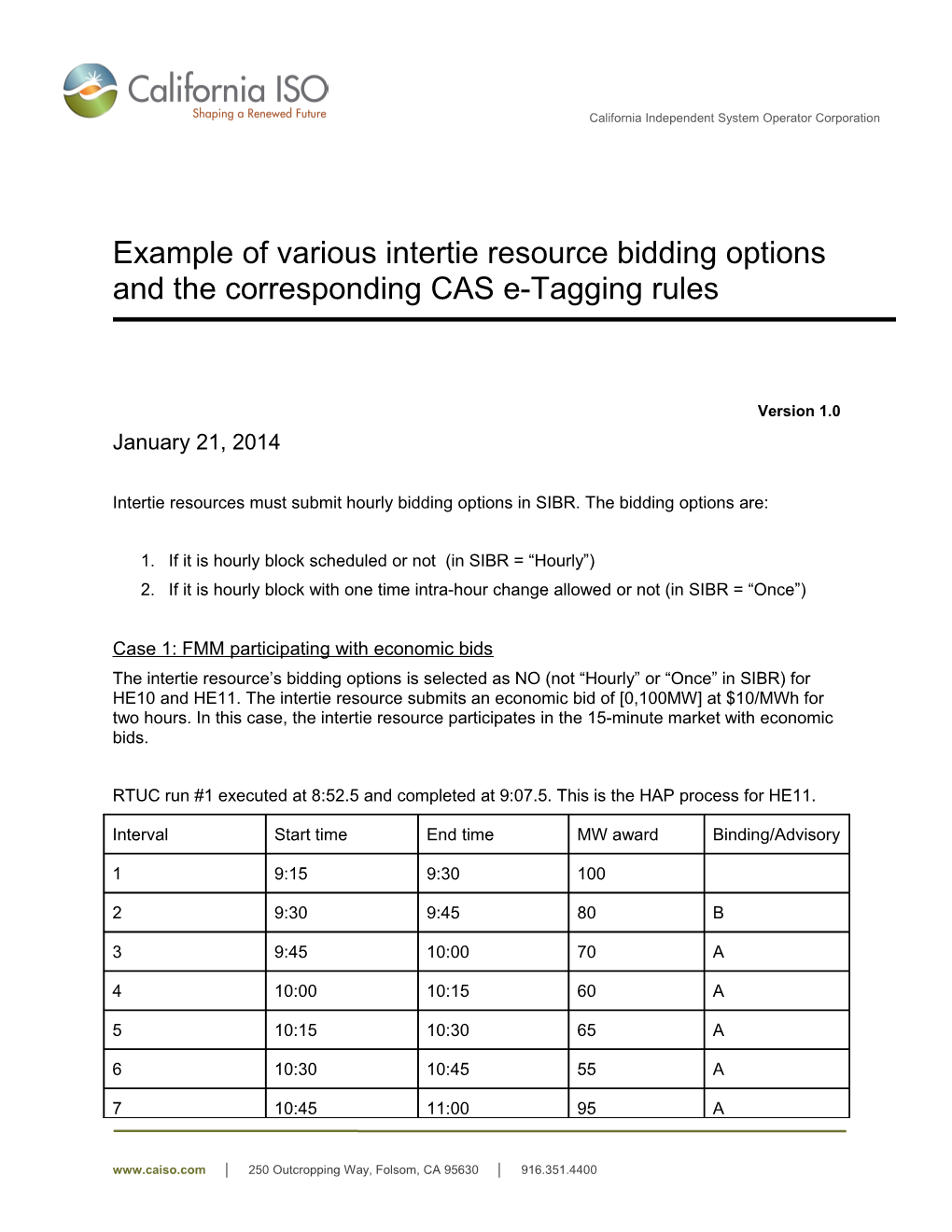 Example - Various Intertie Resource Bidding Options and Corresponding CAS E-Tagging Rules