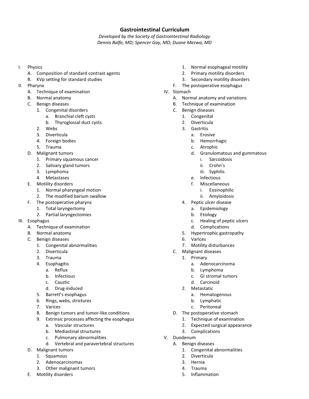 Gastrointestinal Curriculum