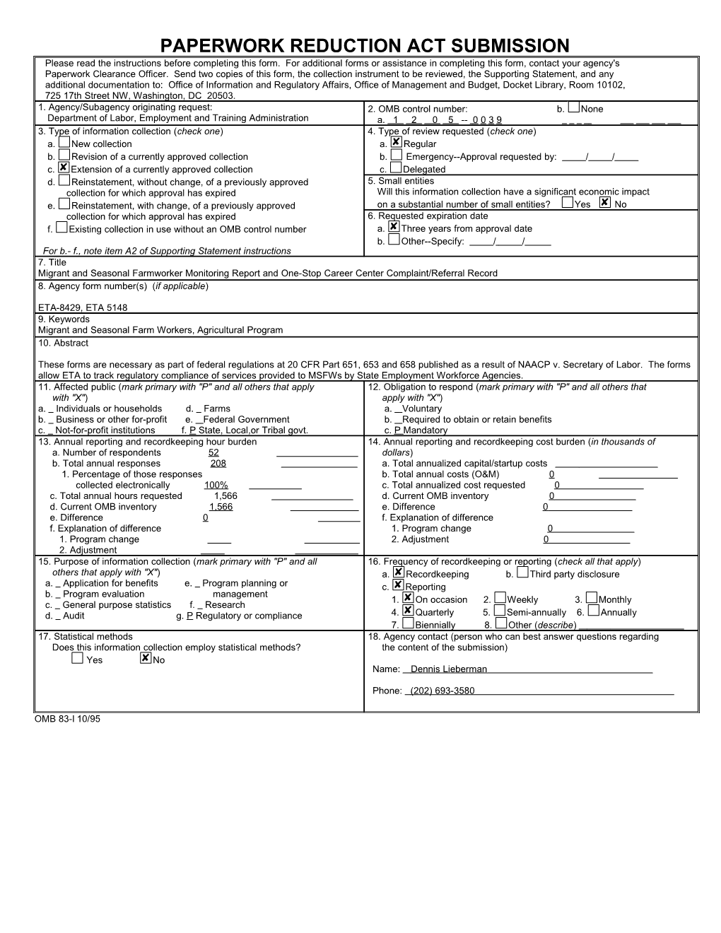 Paperwork Reduction Act Submission