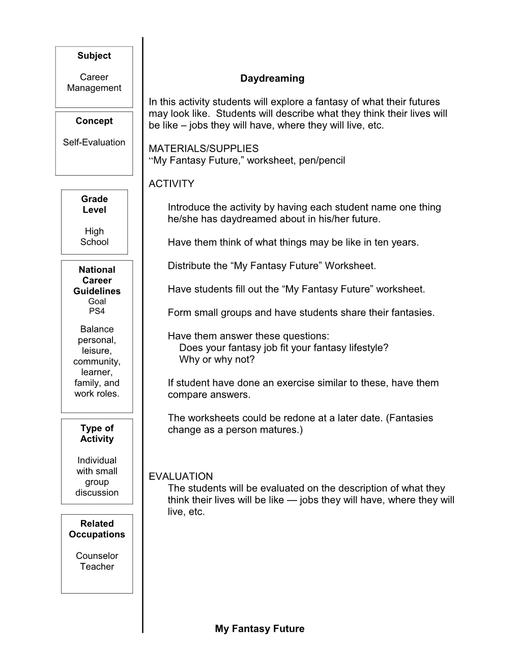 My Fantasy Future, Worksheet, Pen/Pencil