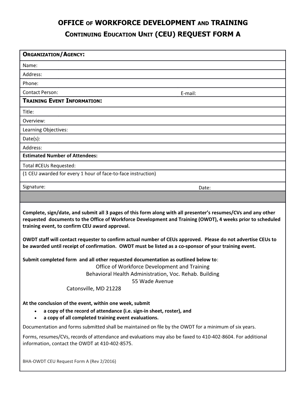 BHA-OWDT CEU Request Form (Rev. 11/2014)