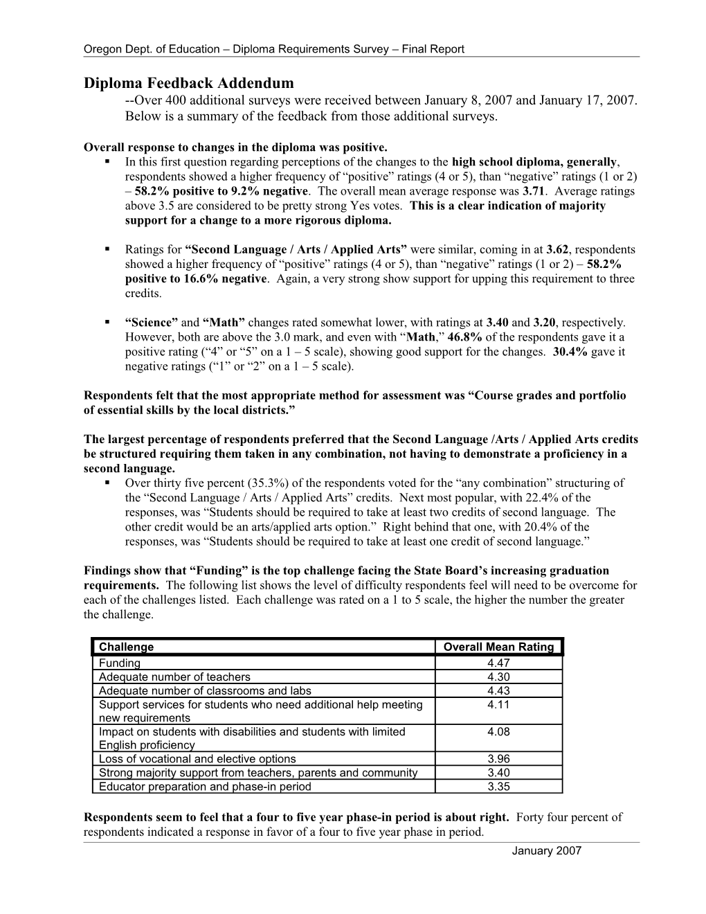 Oregon Dept. of Education Diploma Requirements Survey Final Report