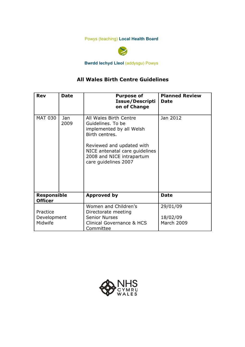 All Wales Birth Centre Guidelines