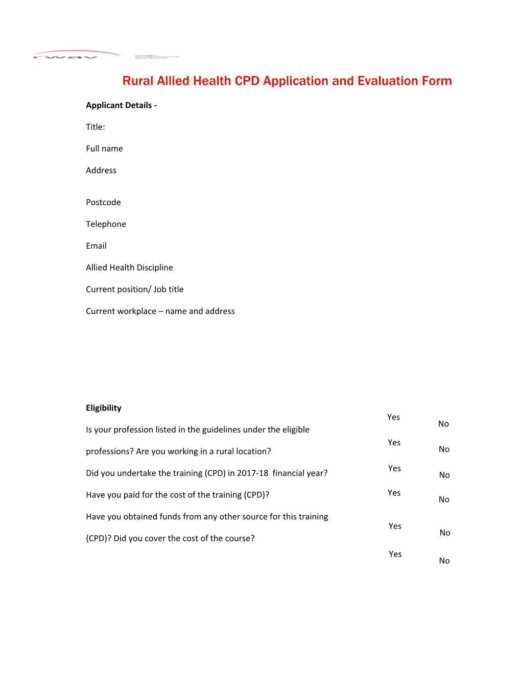 Rural Allied Health CPD Application and Evaluation Form