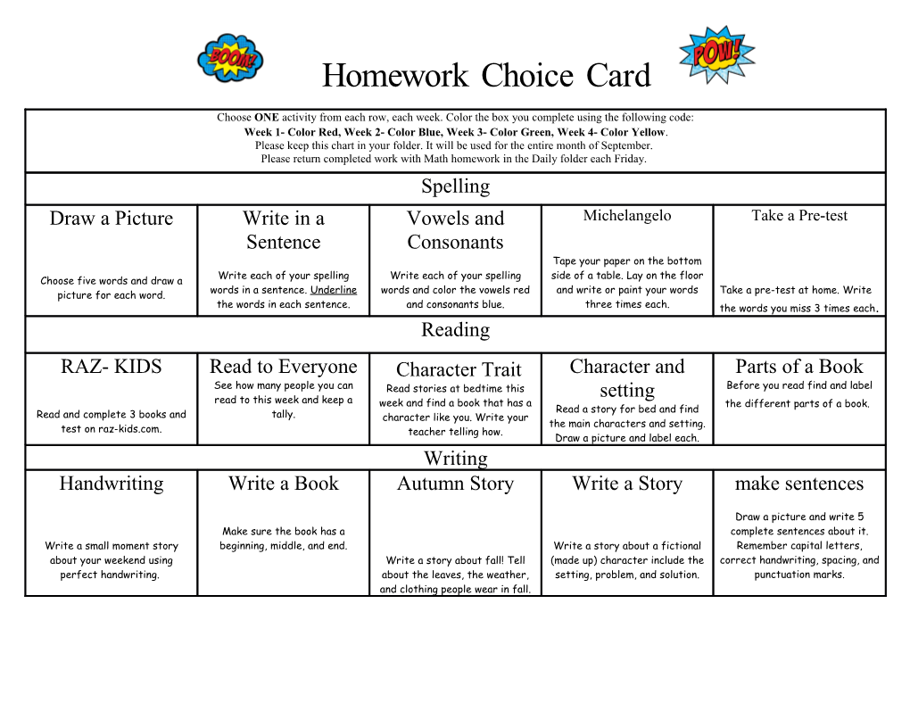 Homework Choice Card