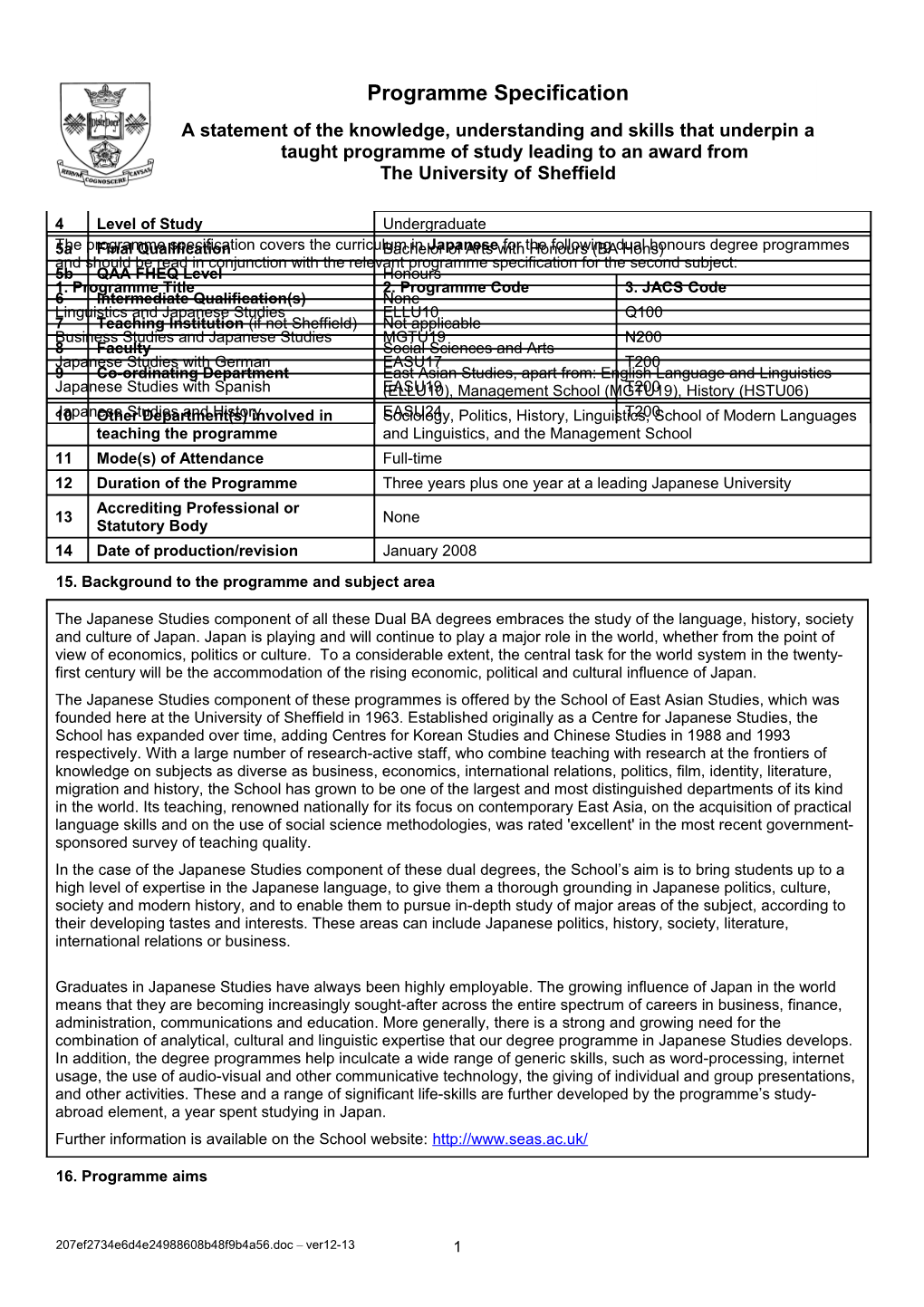 15. Background to the Programme and Subject Area s7