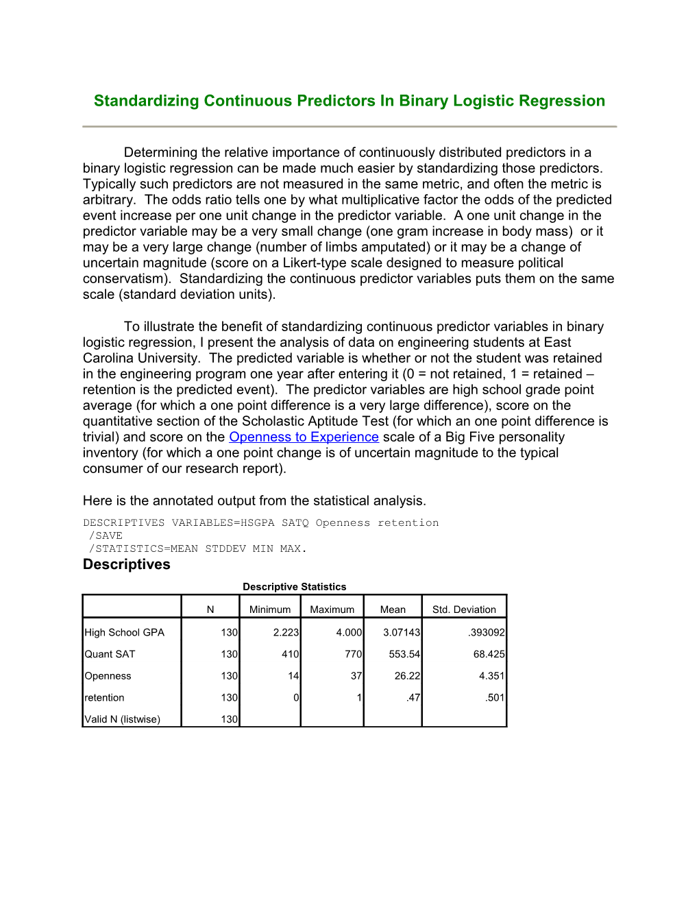 Standardizing Continuous Predictors in Binary Logistic Regression