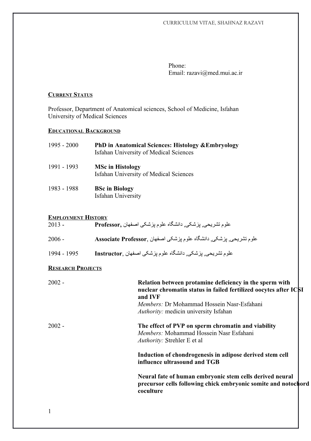 Curriculum VITAE, Shahnaz Razavi