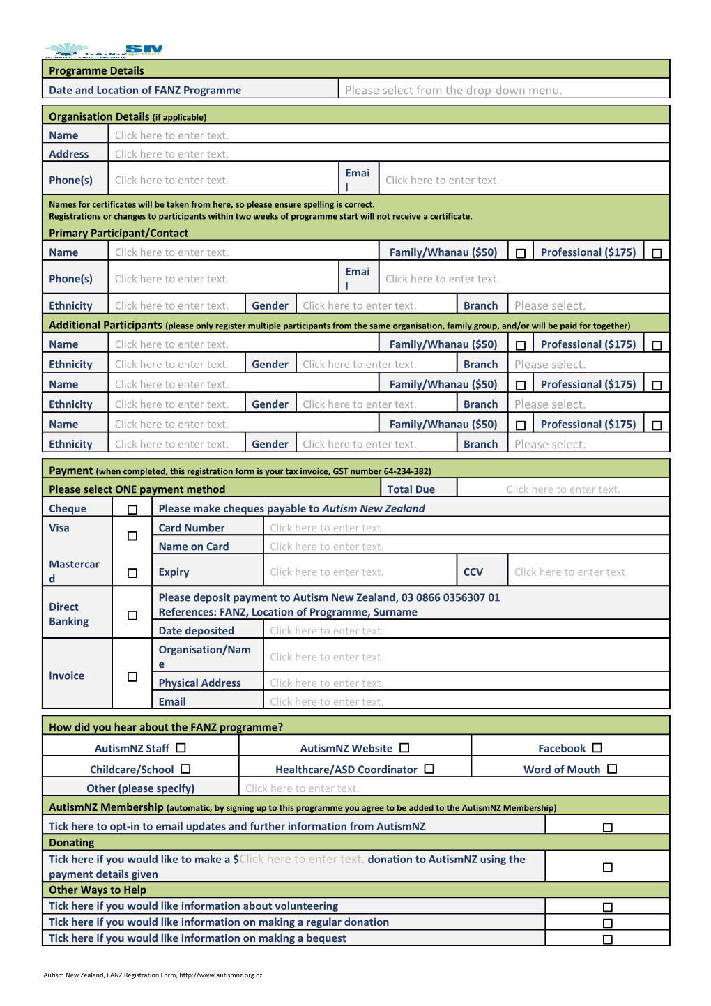 Autism New Zealand, FANZ Registration Form